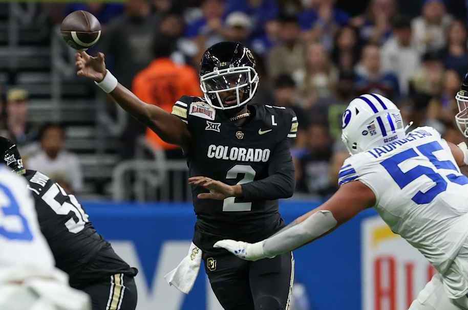 SAN ANTONIO, TX - DECEMBER 28: Colorado Buffaloes quarterback Shedeur Sanders (2) passes the ball during the football game between BYU Cougars and Colorado Buffalos on December 28, 2024, at the Alamodome in San Antonio, Texas. (Photo by David Buono/Icon Sportswire via Getty Images)