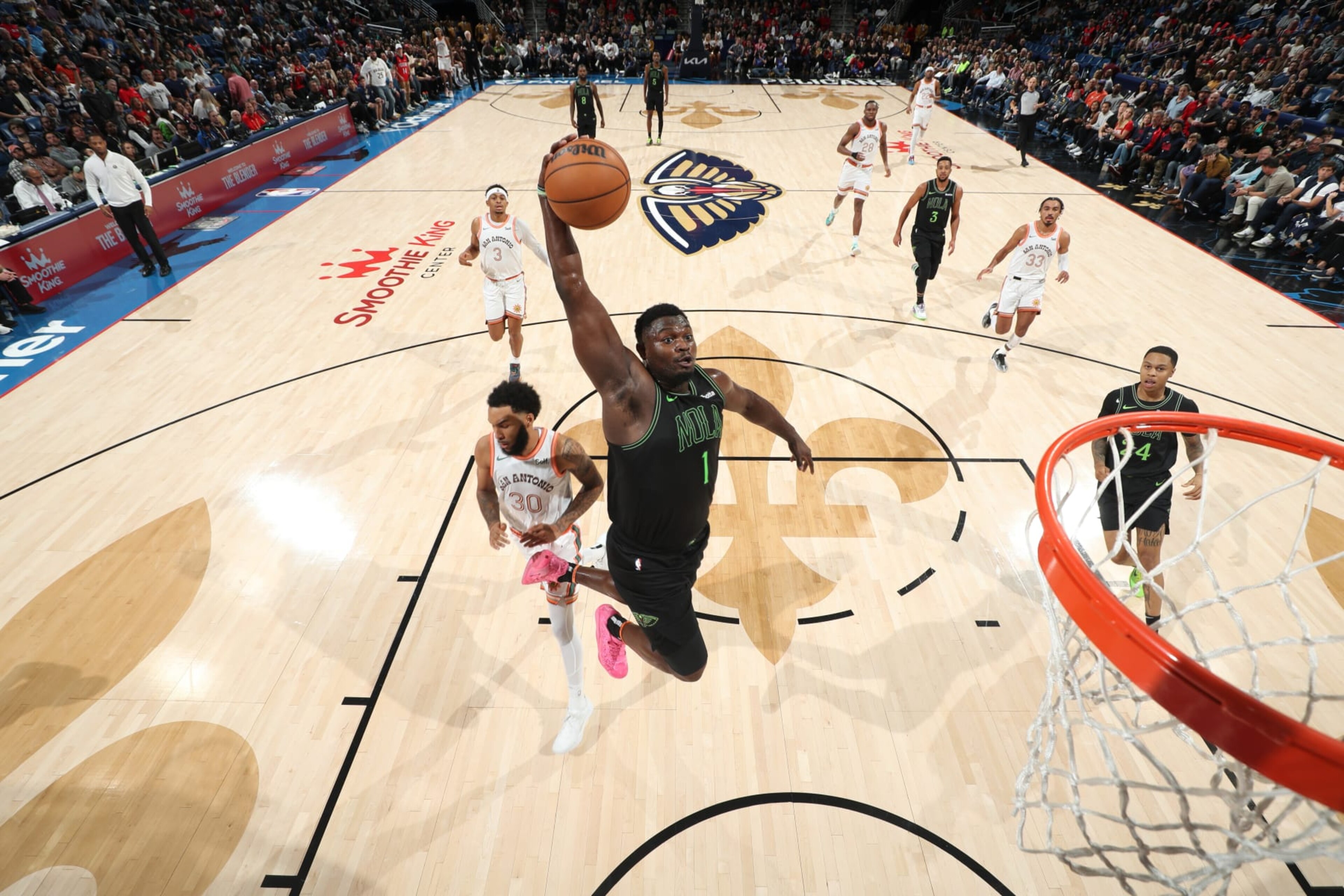 NEW ORLEANS, LA - DECEMBER 1: Zion Williamson #1 of the New Orleans Pelicans dunks the ball during the game against the San Antonio Spurs on December 1, 2023 at the Smoothie King Center in New Orleans, Louisiana. NOTE TO USER: User expressly acknowledges and agrees that, by downloading and or using this Photograph, user is consenting to the terms and conditions of the Getty Images License Agreement. Mandatory Copyright Notice: Copyright 2023 NBAE (Photo by Joe Murphy/NBAE via Getty Images)