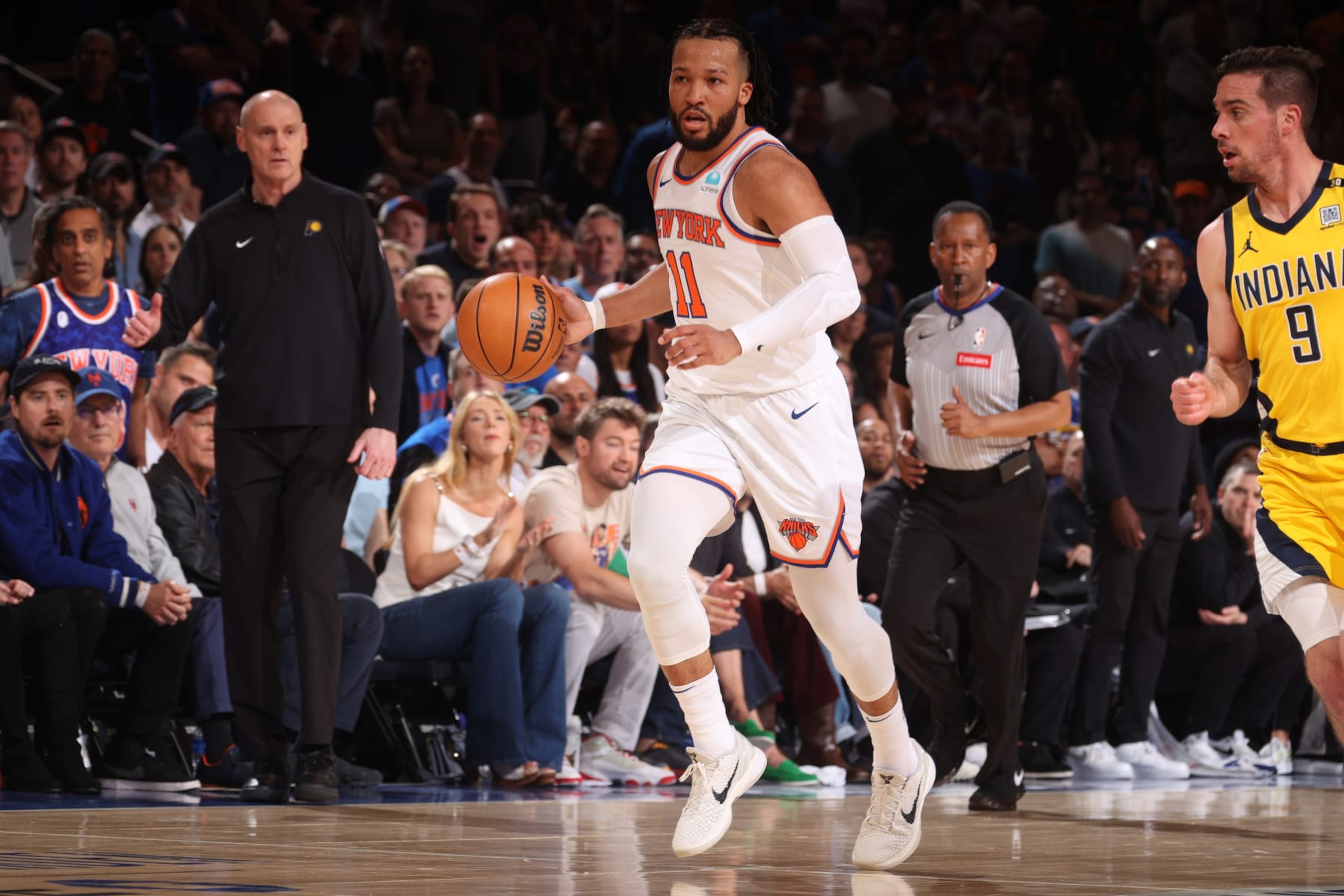 NEW YORK, NY - MAY 19: Jalen Brunson #11 of the New York Knicks dribbles the ball during the game against the Indiana Pacers during Round 2 Game 7 of the 2024 NBA Playoffs on May 19, 2024 at Madison Square Garden in New York City, New York. NOTE TO USER: User expressly acknowledges and agrees that, by downloading and or using this photograph, User is consenting to the terms and conditions of the Getty Images License Agreement. Mandatory Copyright Notice: Copyright 2024 NBAE (Photo by Nathaniel S. Butler/NBAE via Getty Images) NEW YORK, NY - MAY 19: Jalen Brunson #11 of the New York Knicks dribbles the ball during the game against the Indiana Pacers during Round 2 Game 7 of the 2024 NBA Playoffs on May 19, 2024 at Madison Square Garden in New York City, New York. NOTE TO USER: User expressly acknowledges and agrees that, by downloading and or using this photograph, User is consenting to the terms and conditions of the Getty Images License Agreement. Mandatory Copyright Notice: Copyright 2024 NBAE (Photo by Nathaniel S. Butler/NBAE via Getty Images)