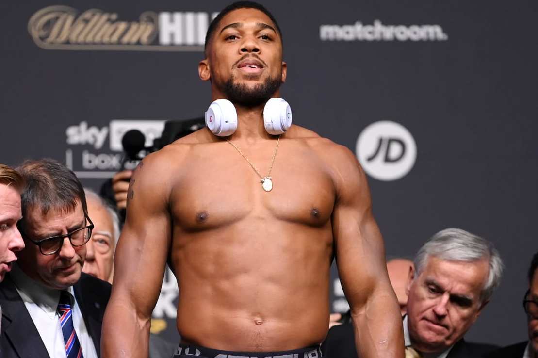 LONDON, ENGLAND - SEPTEMBER 24: Anthony Joshua weighs in ahead of the Heavyweight Fight between Anthony Joshua v Oleksandr Usyk at Cineworld 02 Arena on September 24, 2021 in London, England. (Photo by Justin Setterfield/Getty Images)