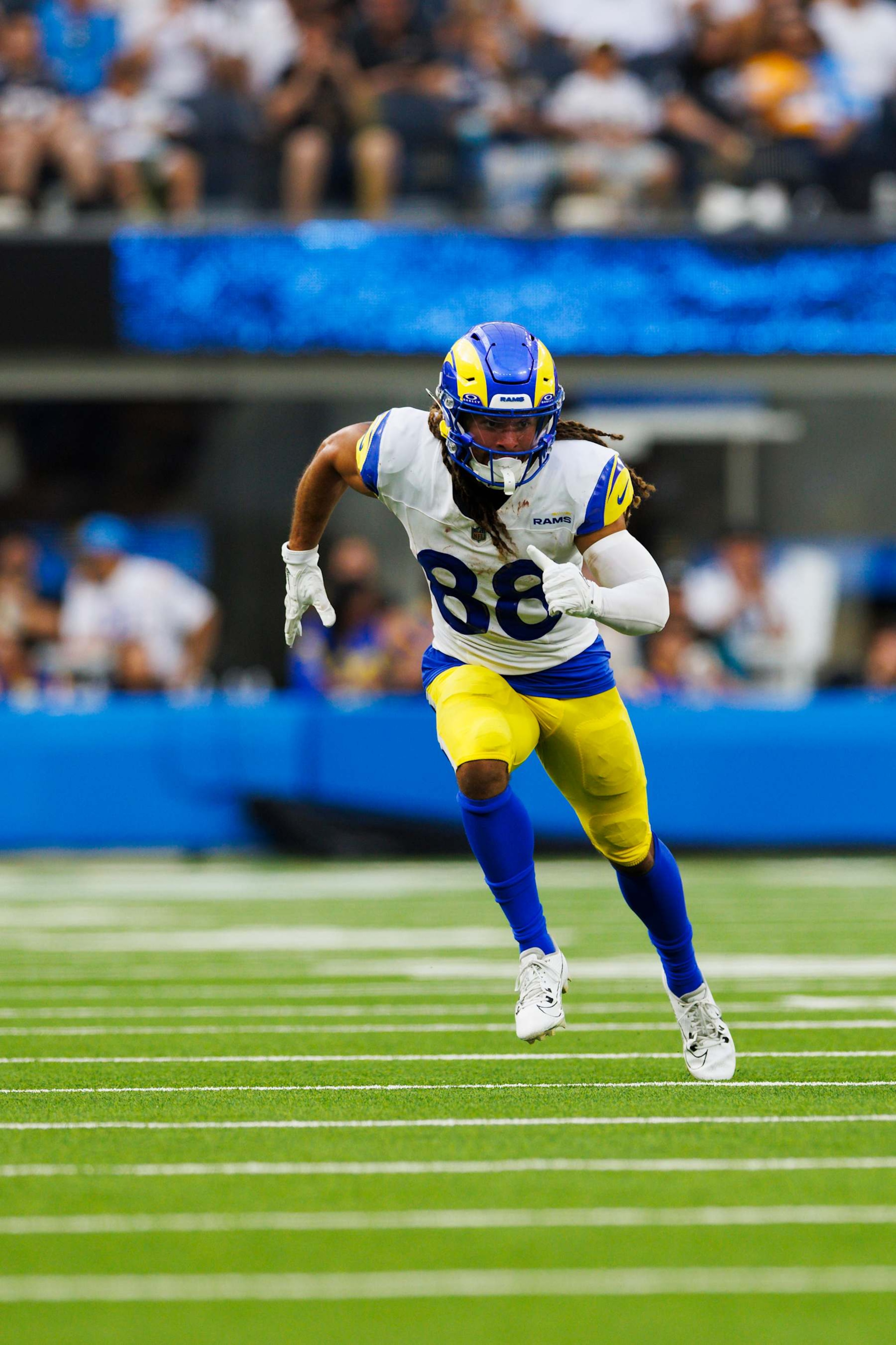 INGLEWOOD, CALIFORNIA - AUGUST 17: Jordan Whittington #88 of the Los Angeles Rams runs a route during a preseason game against the Los Angeles Rams at SoFi Stadium on August 17, 2024 in Inglewood, California. (Photo by Ric Tapia/Getty Images) INGLEWOOD, CALIFORNIA - AUGUST 17: Jordan Whittington #88 of the Los Angeles Rams runs a route during a preseason game against the Los Angeles Rams at SoFi Stadium on August 17, 2024 in Inglewood, California. (Photo by Ric Tapia/Getty Images)