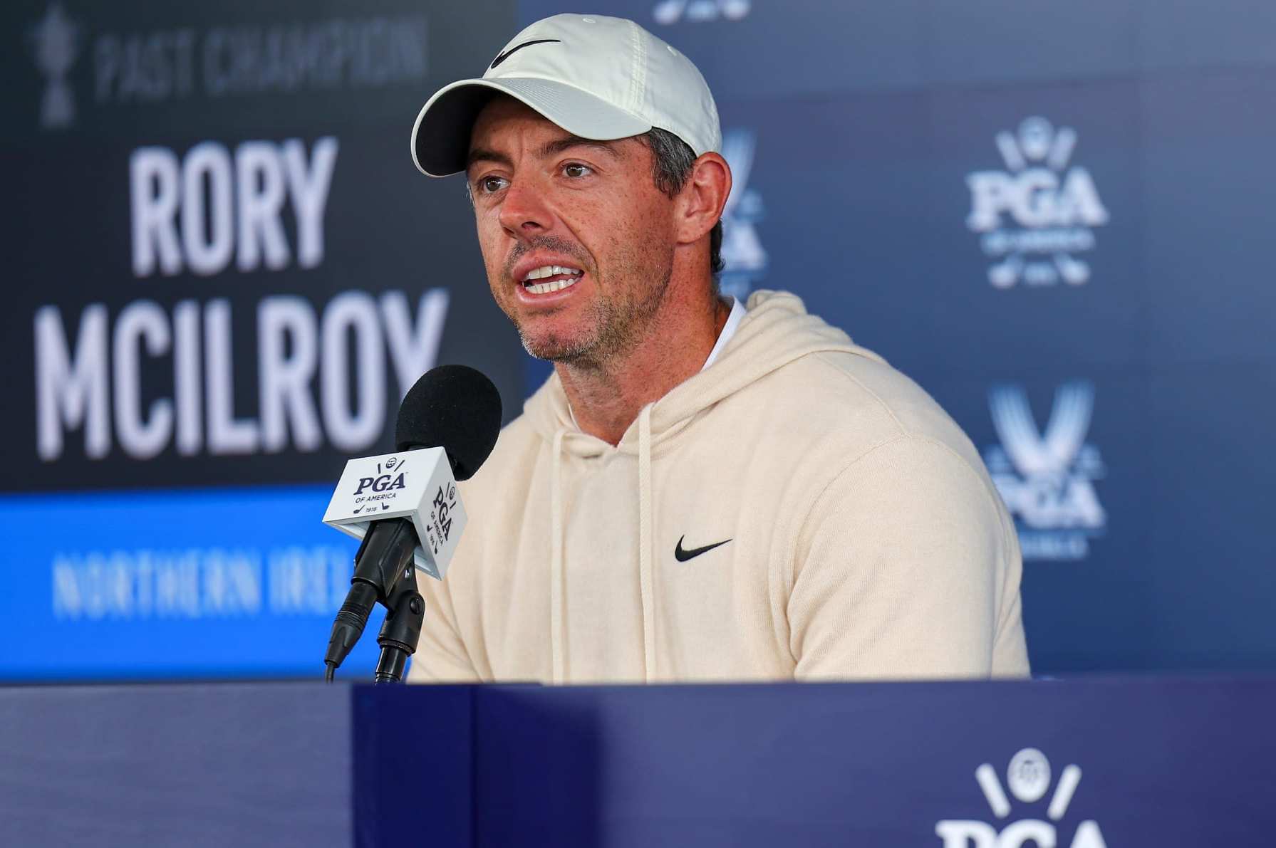 LOUISVILLE, KENTUCKY - MAY 15: Rory McIlroy of Northern Ireland speaks to the media during a practice round prior to the 2024 PGA Championship at Valhalla Golf Club on May 15, 2024 in Louisville, Kentucky. (Photo by Andrew Redington/Getty Images)