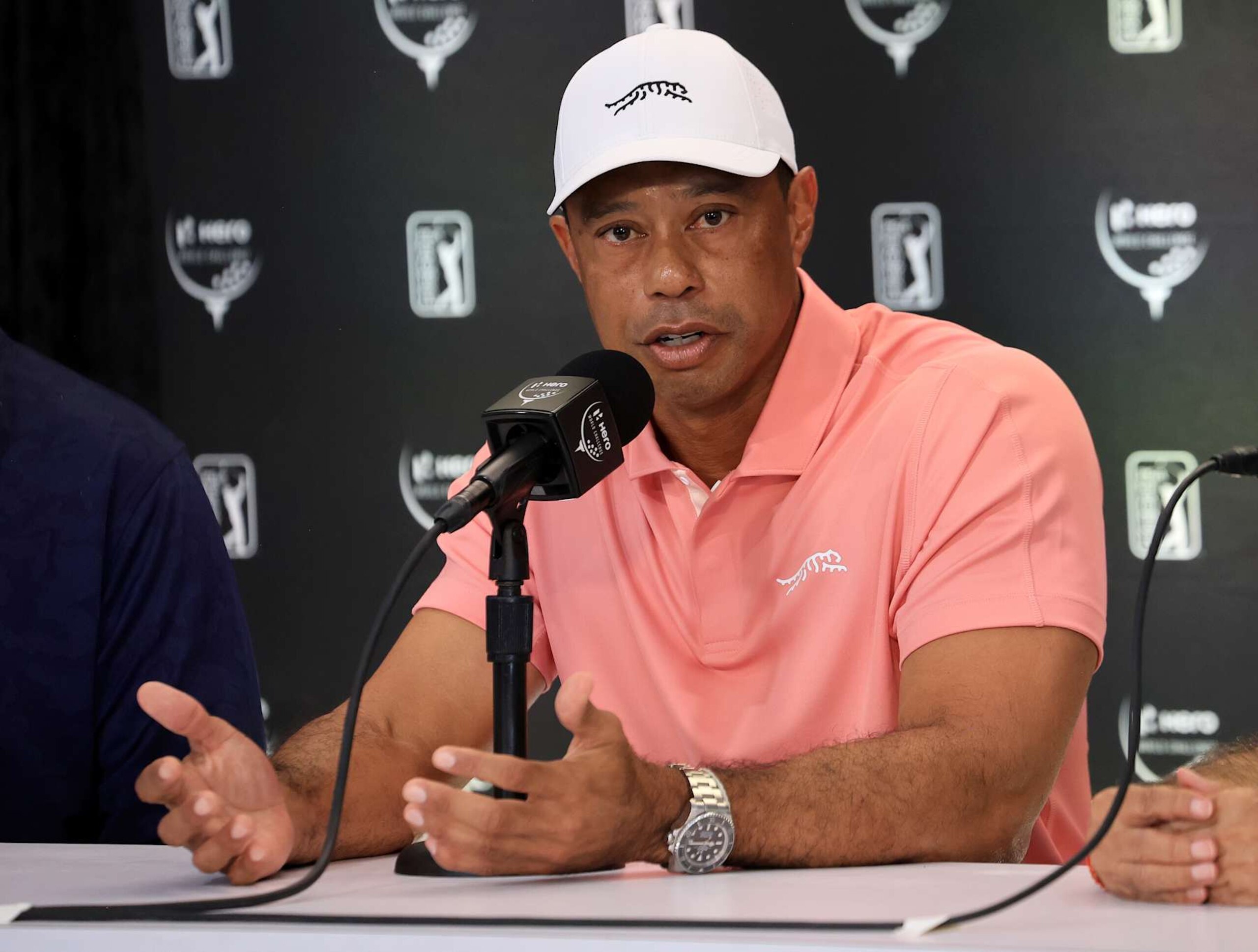 NASSAU, BAHAMAS - DECEMBER 03: Tiger Woods of the United States the tournament host speaks to the media during his media conference as a preview for the Hero World Challenge 2024 at Albany Golf Course on December 03, 2024 in Nassau, Bahamas. (Photo by David Cannon/Getty Images)