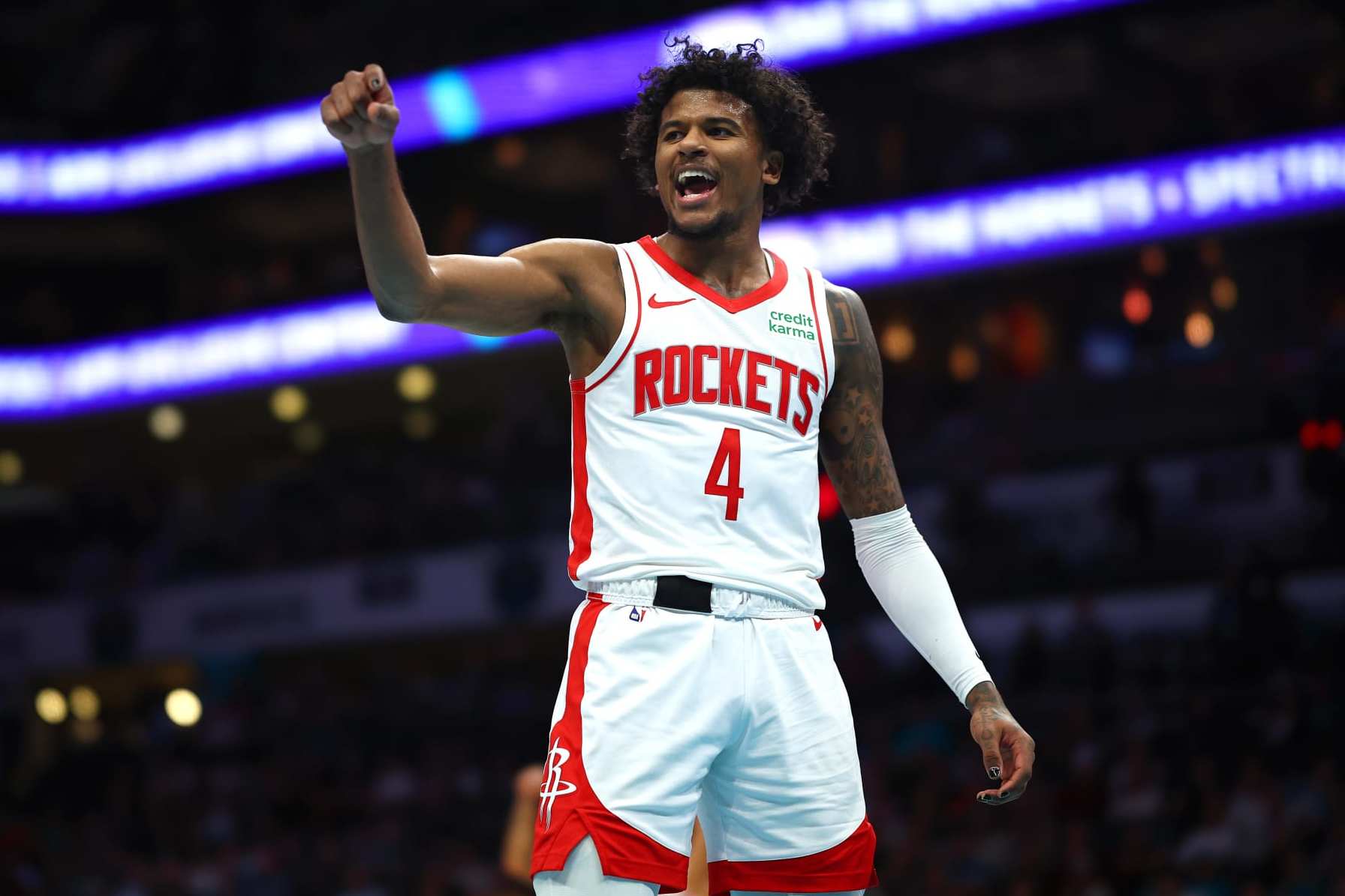 CHARLOTTE, NORTH CAROLINA - JANUARY 26: Jalen Green #4 of the Houston Rockets reacts after scoring a basket and a foul during the second quarter of the game against the Charlotte Hornets at Spectrum Center on January 26, 2024 in Charlotte, North Carolina. NOTE TO USER: User expressly acknowledges and agrees that, by downloading and or using this photograph, User is consenting to the terms and conditions of the Getty Images License Agreement. (Photo by Jared C. Tilton/Getty Images)