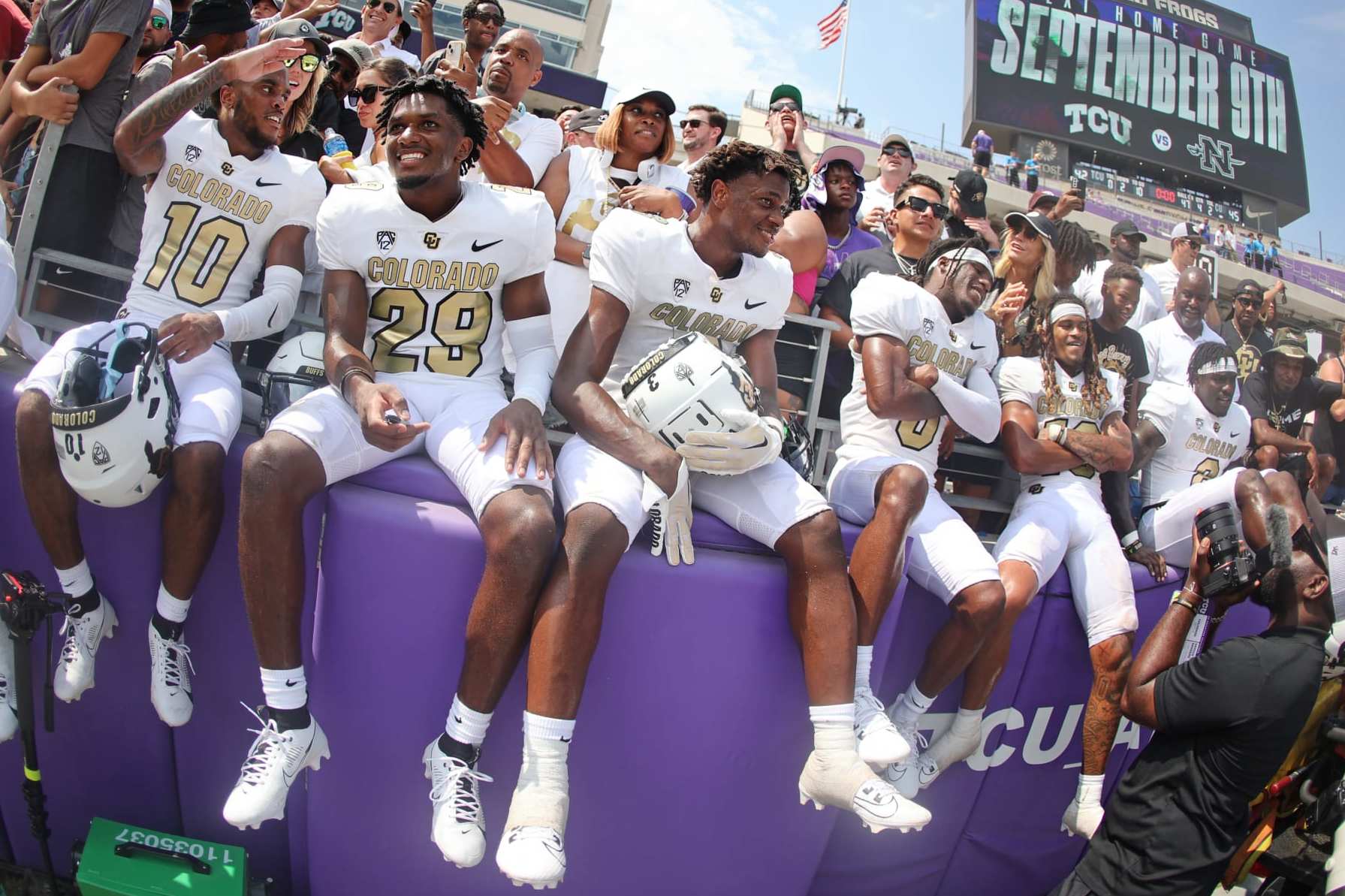 FORT WORTH, TX - SEPTEMBER 2: The Colorado Buffaloes celebrate the team's 45-42 win over the TCU Horned Frogs at Amon G. Carter Stadium on September 2, 2023 in Fort Worth, Texas. (Photo by Ron Jenkins/Getty Images)