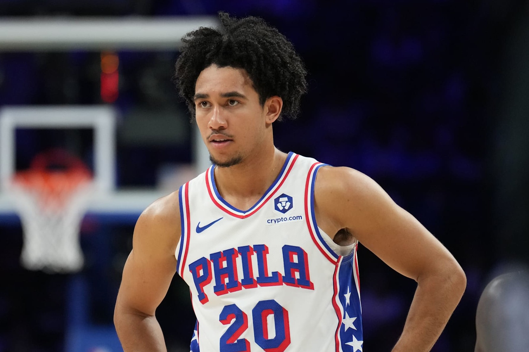 PHILADELPHIA, PA - OCTOBER 16: Jared McCain #20 of the Philadelphia 76ers looks on during the game against the Brooklyn Nets during a NBA preseason game on October 16, 2024 at the Wells Fargo Center in Philadelphia, Pennsylvania NOTE TO USER: User expressly acknowledges and agrees that, by downloading and/or using this Photograph, user is consenting to the terms and conditions of the Getty Images License Agreement. Mandatory Copyright Notice: Copyright 2024 NBAE (Photo by Jesse D. Garrabrant/NBAE via Getty Images)