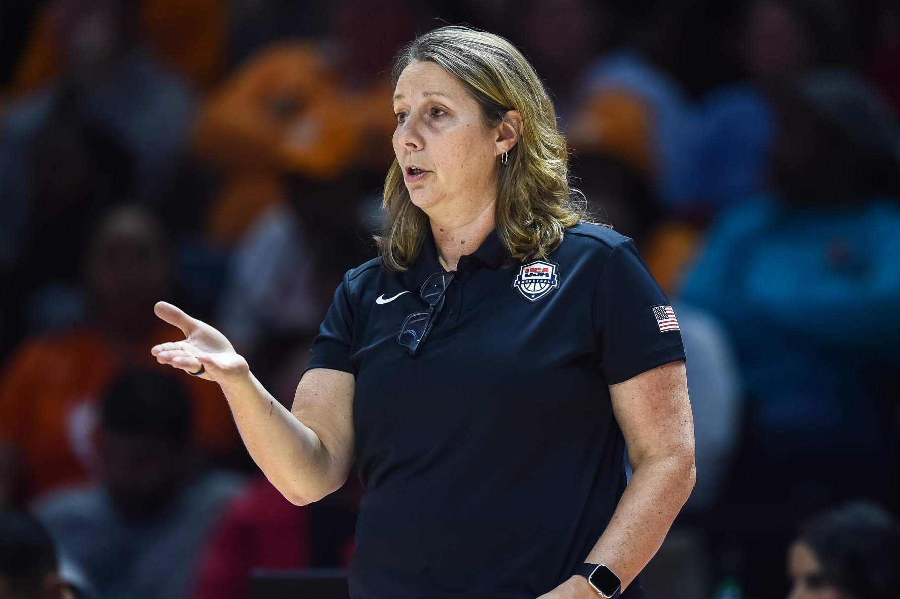 KNOXVILLE, TN - NOVEMBER 05: USA Basketball Women's National Team head coach Cheryl Reeve coaches during an exhibition game between the Tennessee Lady Vols and the USA Basketball Women's National Team on November 5, 2023, in Thompson-Boling Arena at Food City Center, in Knoxville, TN. (Photo by Bryan Lynn/Icon Sportswire via Getty Images)