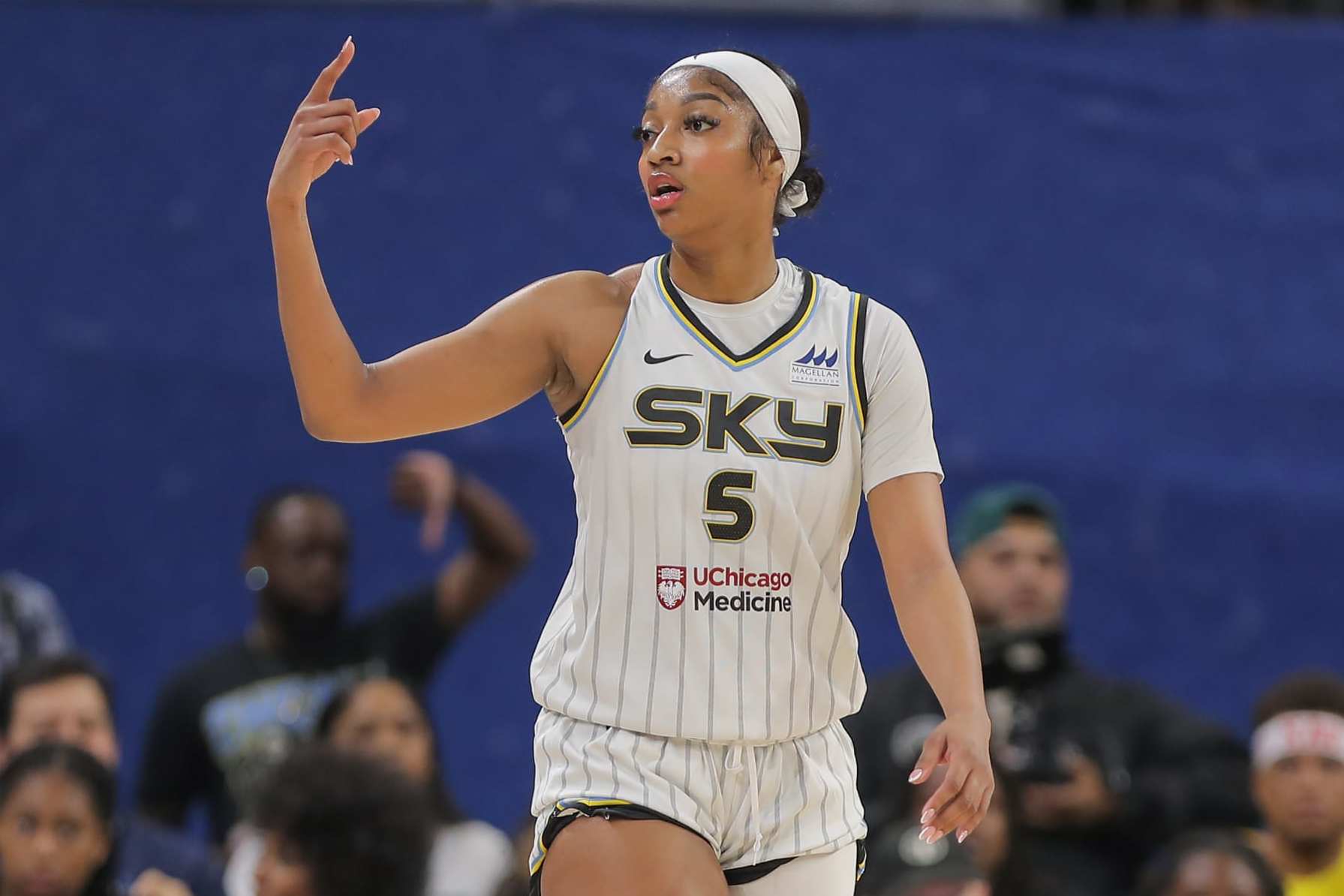 CHICAGO, IL - JULY 10: Angel Reese #5 of the Chicago Sky reacts to a call during the second half against the Atlanta Dream on July 10, 2024 at Wintrust Arena in Chicago, Illinois (Photo by Melissa Tamez/Icon Sportswire via Getty Images)