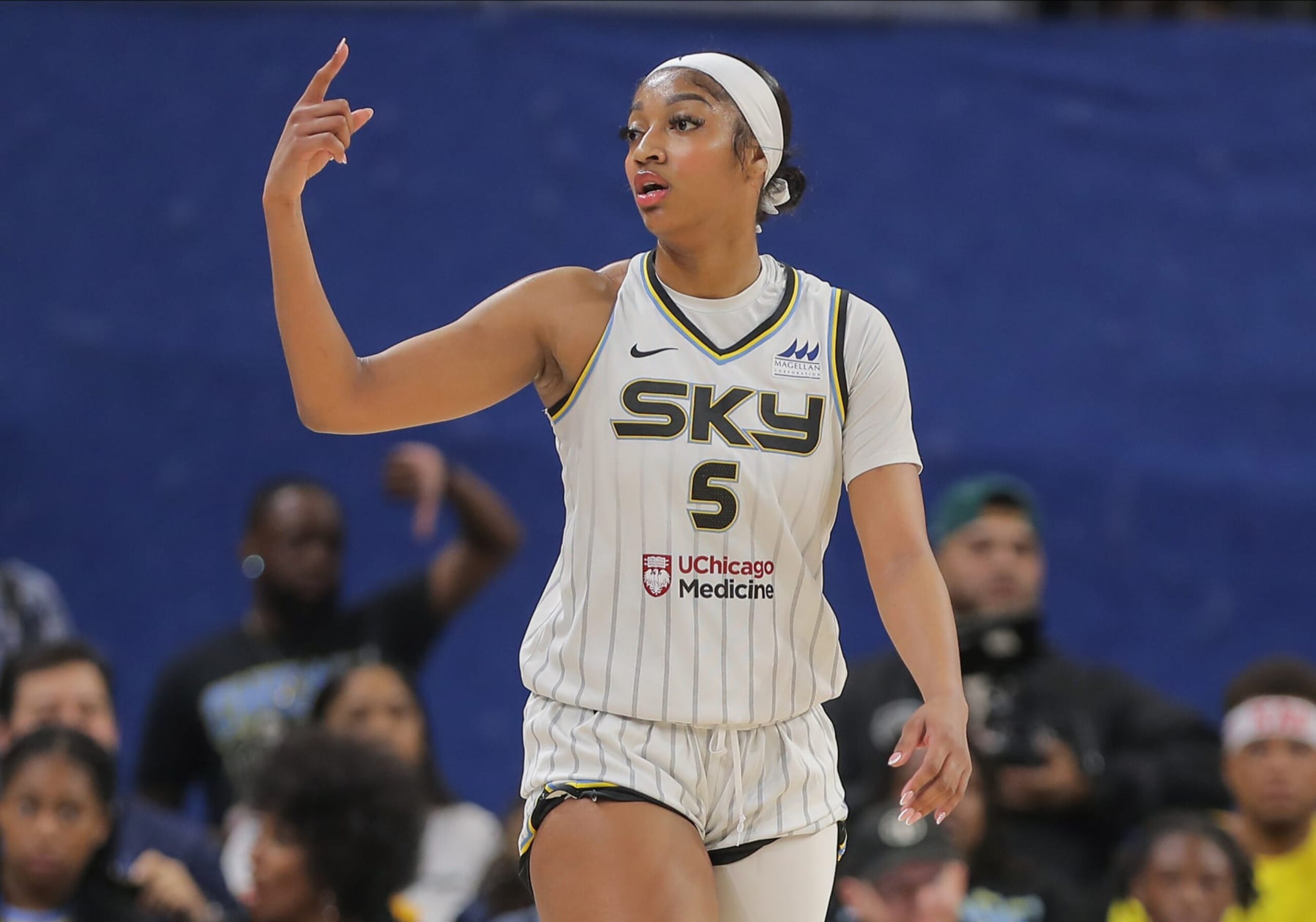 CHICAGO, IL - JULY 10: Angel Reese #5 of the Chicago Sky reacts to a call during the second half against the Atlanta Dream on July 10, 2024 at Wintrust Arena in Chicago, Illinois (Photo by Melissa Tamez/Icon Sportswire via Getty Images) CHICAGO, IL - JULY 10: Angel Reese #5 of the Chicago Sky reacts to a call during the second half against the Atlanta Dream on July 10, 2024 at Wintrust Arena in Chicago, Illinois (Photo by Melissa Tamez/Icon Sportswire via Getty Images)