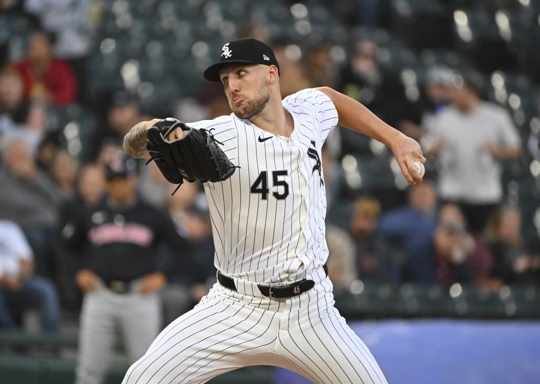 CHICAGO, ILLINOIS - MAY 10: Garrett Crochet #45 of the Chicago White Sox throws a pitch against the Cleveland Guardians at Guaranteed Rate Field on May 10, 2024 in Chicago, Illinois. (Photo by Nuccio DiNuzzo/Getty Images)
