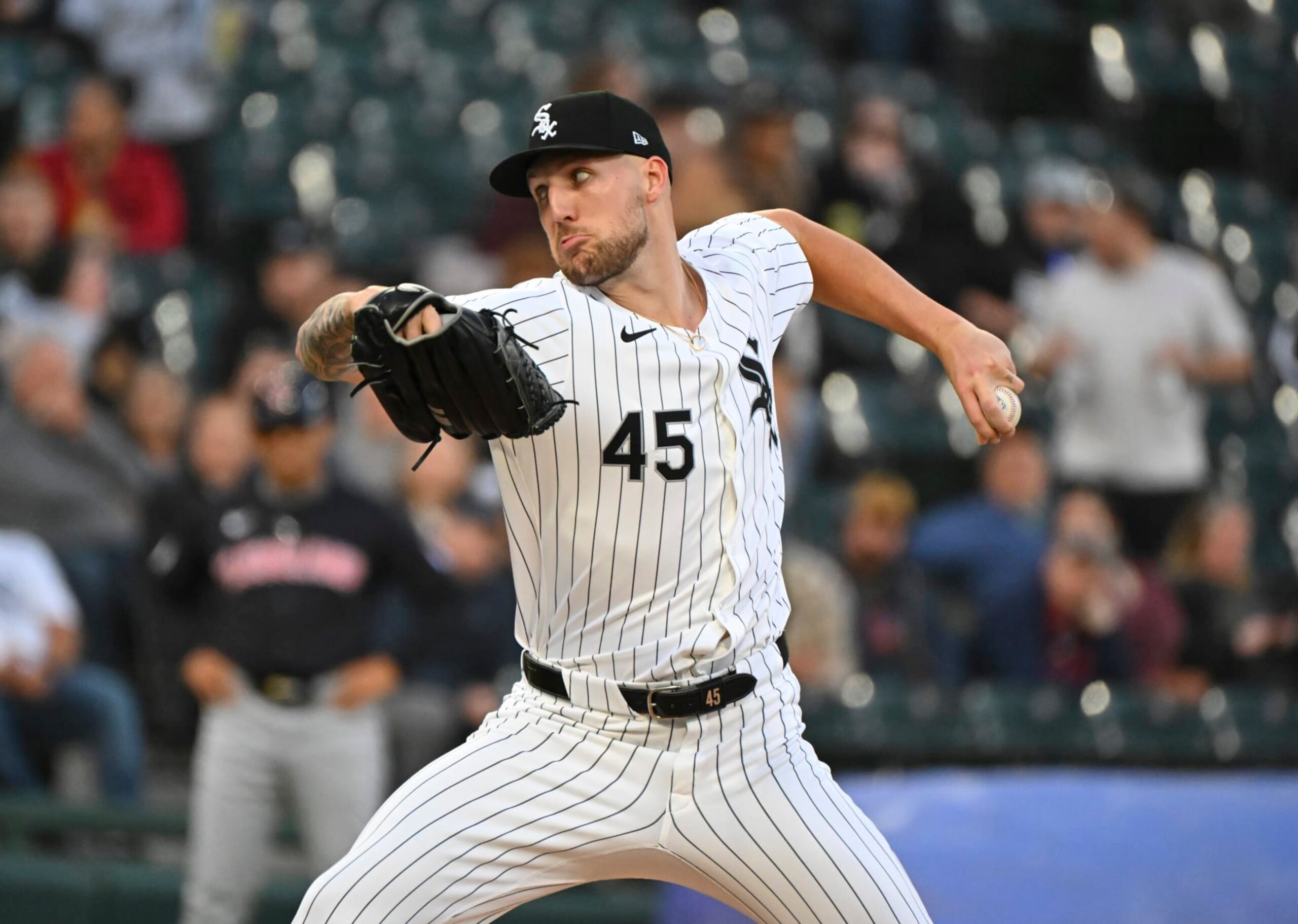 CHICAGO, ILLINOIS - MAY 10: Garrett Crochet #45 of the Chicago White Sox throws a pitch against the Cleveland Guardians at Guaranteed Rate Field on May 10, 2024 in Chicago, Illinois. (Photo by Nuccio DiNuzzo/Getty Images)
