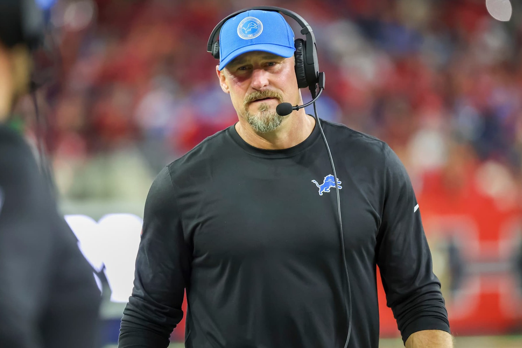 HOUSTON, TX - NOVEMBER 10:  Detroit Lions head coach Dan Campbell is on the visitors' sideline during the NFL game between the Detroit Lions and Houston Texans on November 10, 2024 at NRG Stadium in Houston, Texas.  (Photo by Leslie Plaza Johnson/Icon Sportswire via Getty Images)