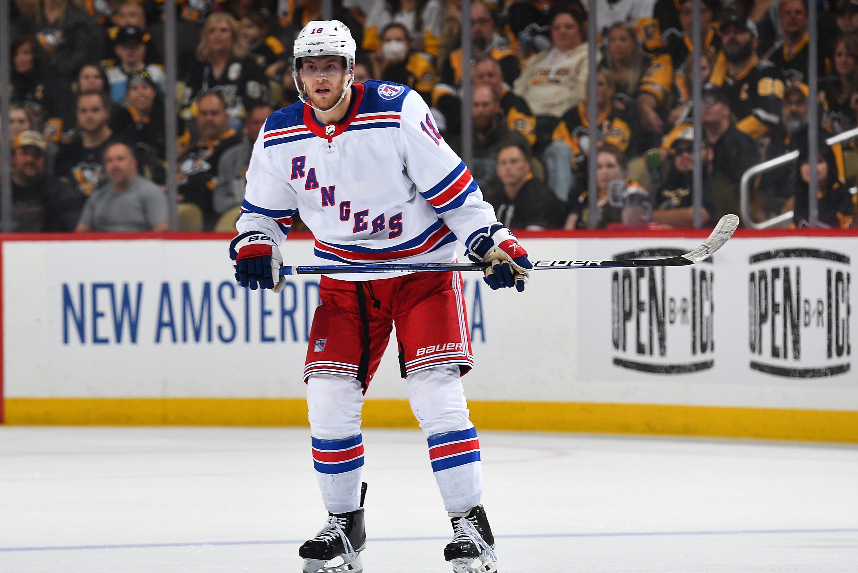 PITTSBURGH, PA - MAY 13:  Andrew Copp #18 of the New York Rangers skates against the Pittsburgh Penguins in Game Six of the First Round of the 2022 Stanley Cup Playoffs at PPG PAINTS Arena on May 13, 2022 in Pittsburgh, Pennsylvania. (Photo by Joe Sargent/NHLI via Getty Images)