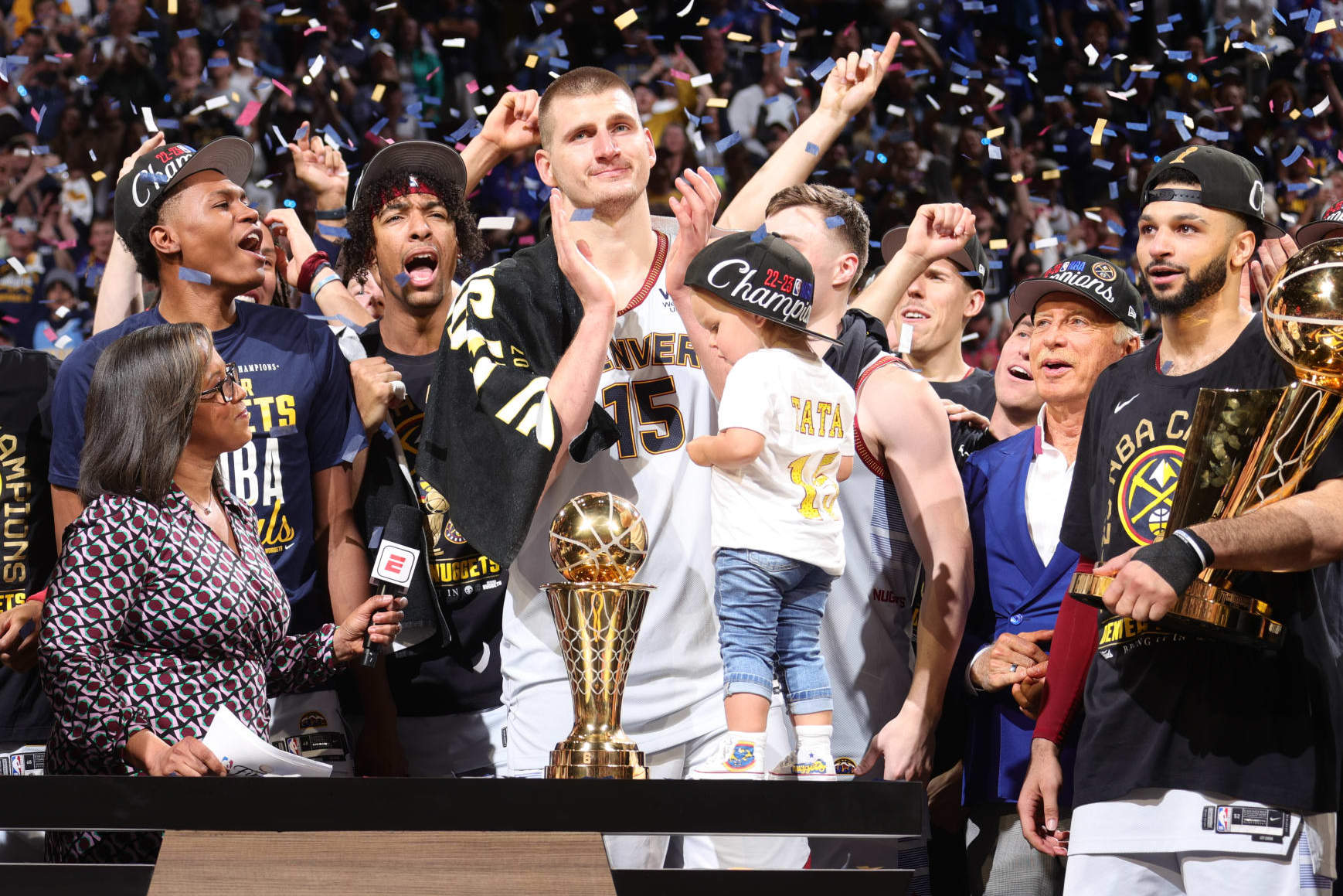 DENVER, CO - JUNE 12: Nikola Jokic #15 of the Denver Nuggets smiles after winning Game Five of the 2023 NBA Finals against the Miami Heat on June 12, 2023 at Ball Arena in Denver, Colorado. NOTE TO USER: User expressly acknowledges and agrees that, by downloading and or using this Photograph, user is consenting to the terms and conditions of the Getty Images License Agreement. Mandatory Copyright Notice: Copyright 2023 NBAE (Photo by Nathaniel S. Butler/NBAE via Getty Images)