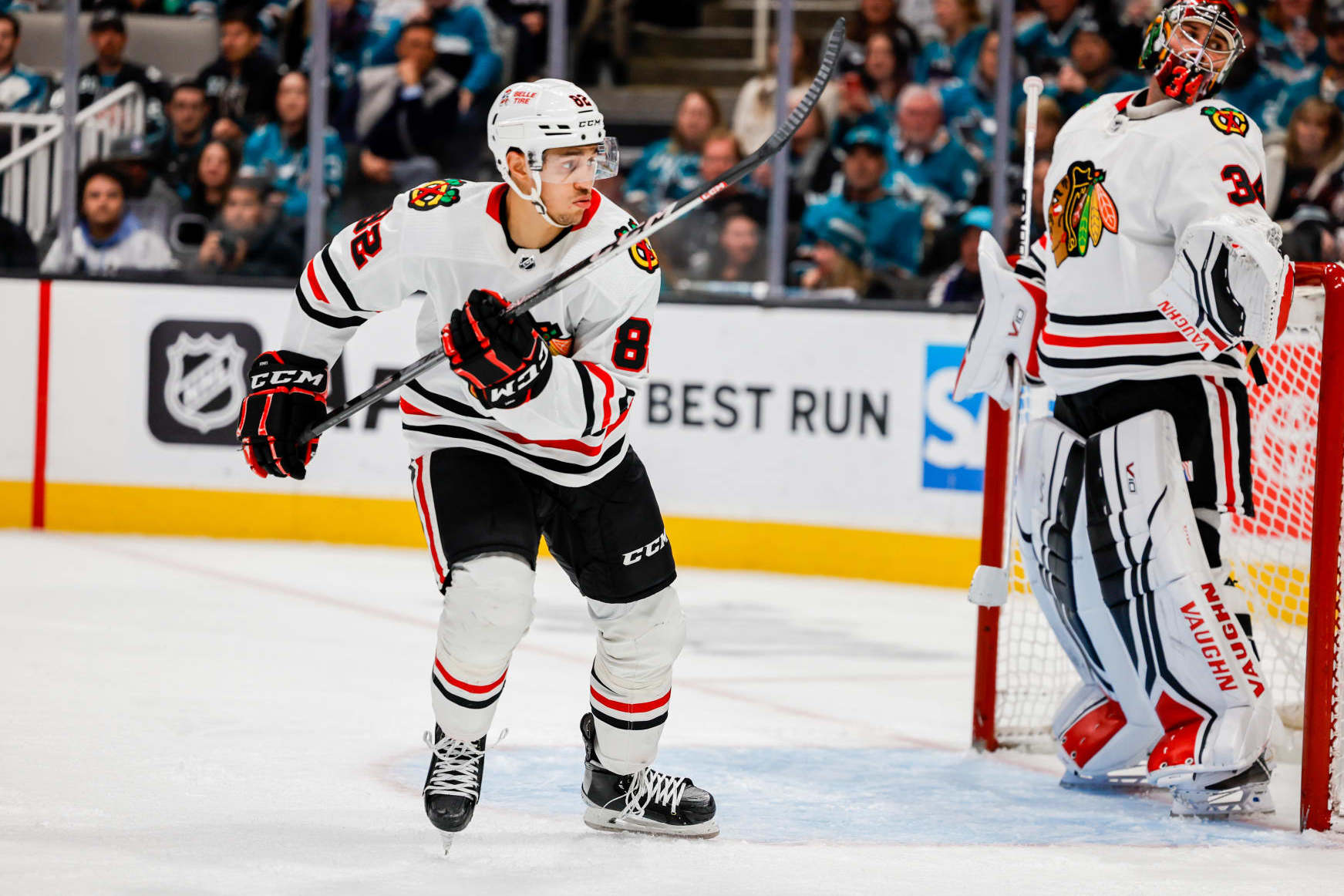 SAN JOSE, CA - FEBRUARY 25: Chicago Blackhawks Defenceman Jack Johnson (8) looks for the puck during the NHL professional mens hockey game between the Chicago Blackhawks and San Jose Sharks on February 25, 2023 at the SAP Center in San Jose, CA. (Photo by Bob Kupbens/Icon Sportswire via Getty Images)