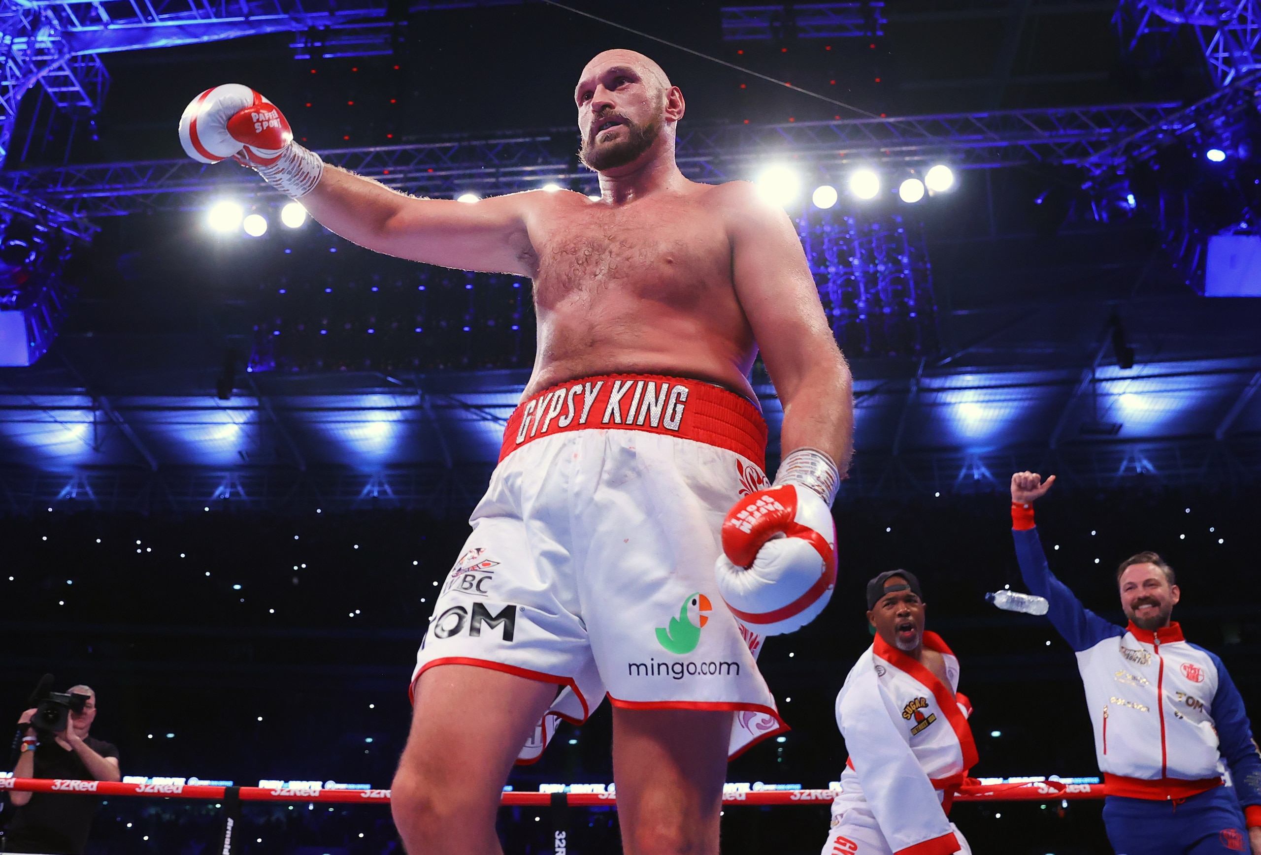 LONDON, ENGLAND - APRIL 23: Tyson Fury is victorious as he defeats Dillian Whyte during their WBC heavyweight championship fight at Wembley Stadium on April 23, 2022 in London, England. (Photo by Mikey Williams/Top Rank Inc via Getty Images)