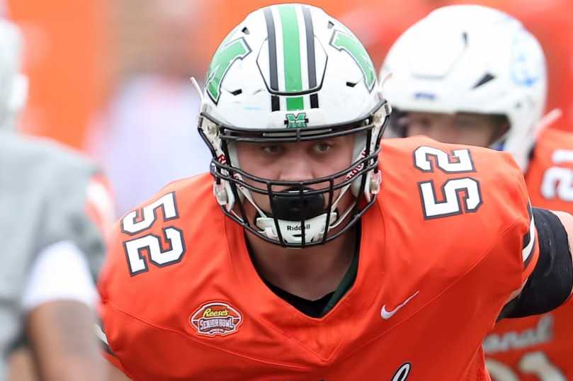 MOBILE, AL - FEBRUARY 03: National offensive lineman Ethan Driskell of Marshall (52) during the 2024 Reese's Senior Bowl on February 3, 2024 at Hancock Whitney Stadium in Mobile, Alabama. (Photo by Michael Wade/Icon Sportswire via Getty Images)