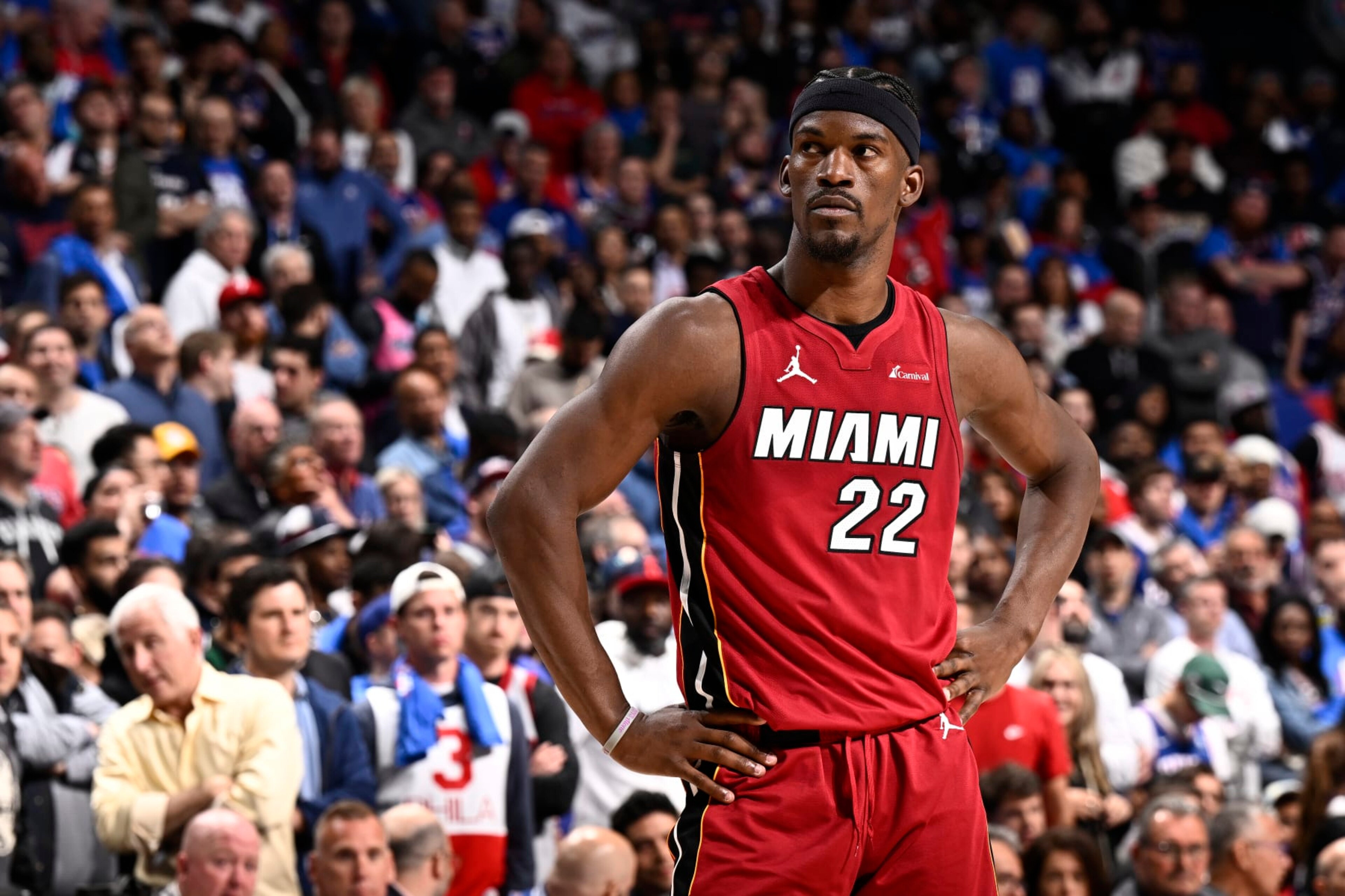 PHILADELPHIA, PA - APRIL 17:  Jimmy Butler #22 of the Miami Heat looks on during the game against the Philadelphia 76ers during the 2024 NBA Play-In Tournament on April 17, 2024 at the Wells Fargo Center in Philadelphia, Pennsylvania NOTE TO USER: User expressly acknowledges and agrees that, by downloading and/or using this Photograph, user is consenting to the terms and conditions of the Getty Images License Agreement. Mandatory Copyright Notice: Copyright 2024 NBAE (Photo by David Dow/NBAE via Getty Images)