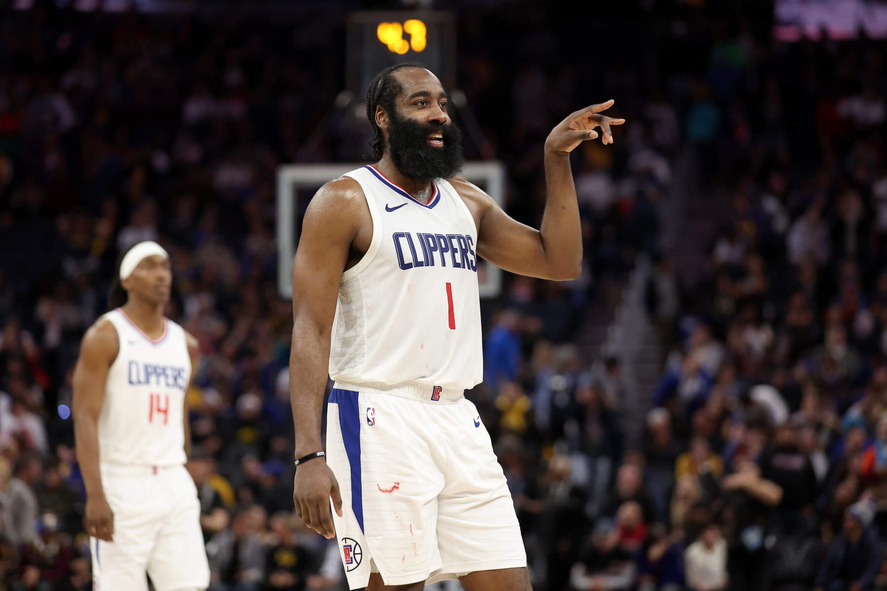 SAN FRANCISCO, CALIFORNIA - FEBRUARY 14: James Harden #1 of the LA Clippers reacts after making two free throws to clinch the victory for the Clippers over the Golden State Warriors at Chase Center on February 14, 2024 in San Francisco, California. NOTE TO USER: User expressly acknowledges and agrees that, by downloading and or using this photograph, User is consenting to the terms and conditions of the Getty Images License Agreement.  (Photo by Ezra Shaw/Getty Images)