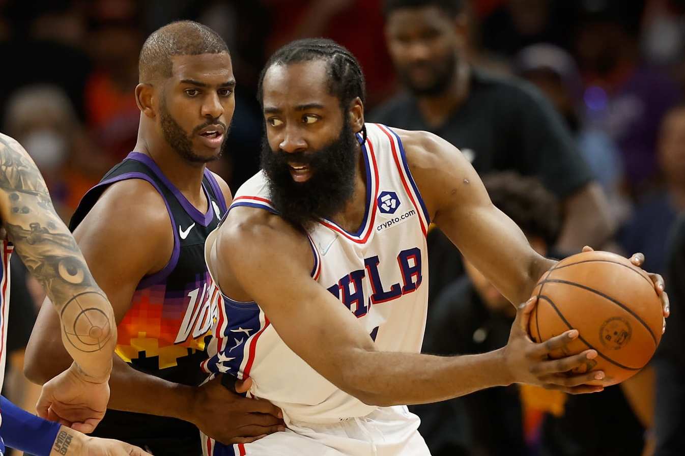 PHOENIX, ARIZONA - MARCH 27: James Harden #1 of the Philadelphia 76ers handles the ball against Chris Paul #3 of the Phoenix Suns during the second half of the NBA game at Footprint Center on March 27, 2022 in Phoenix, Arizona. The Suns defeated the 76ers 114-104. NOTE TO USER: User expressly acknowledges and agrees that, by downloading and or using this photograph, User is consenting to the terms and conditions of the Getty Images License Agreement. (Photo by Christian Petersen/Getty Images) PHOENIX, ARIZONA - MARCH 27: James Harden #1 of the Philadelphia 76ers handles the ball against Chris Paul #3 of the Phoenix Suns during the second half of the NBA game at Footprint Center on March 27, 2022 in Phoenix, Arizona. The Suns defeated the 76ers 114-104. NOTE TO USER: User expressly acknowledges and agrees that, by downloading and or using this photograph, User is consenting to the terms and conditions of the Getty Images License Agreement. (Photo by Christian Petersen/Getty Images)