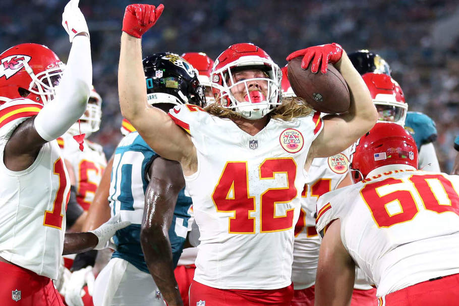 JACKSONVILLE, FLORIDA - AUGUST 10: Carson Steele #42 of the Kansas City Chiefs scores a touchdown during the first half against the Jacksonville Jaguars during a preseason game at EverBank Stadium on August 10, 2024 in Jacksonville, Florida. (Photo by Courtney Culbreath/Getty Images)