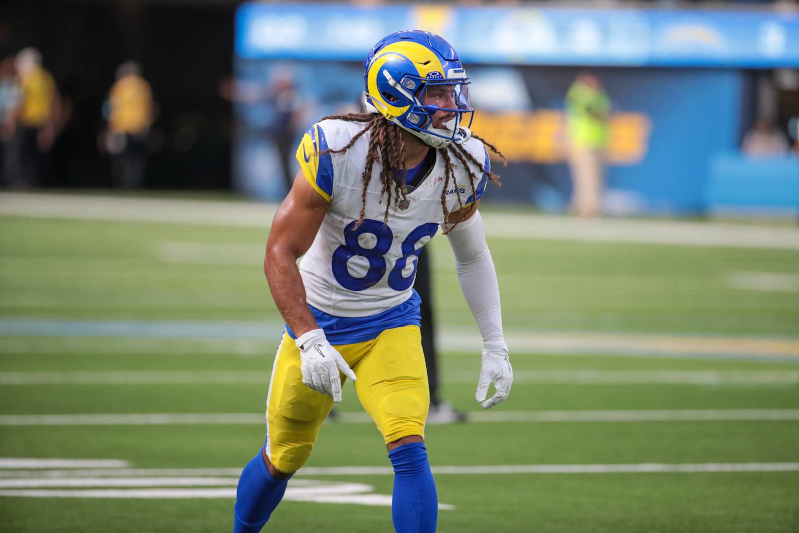 INGLEWOOD, CA - AUGUST 17: Los Angeles Rams wide receiver Jordan Whittington (88) during the NFL preseason game between the Los Angeles Rams and the Los Angeles Chargers on August 17, 2024, at SoFi Stadium in Los Angeles. CA. (Photo by Jevone Moore/Icon Sportswire via Getty Images)