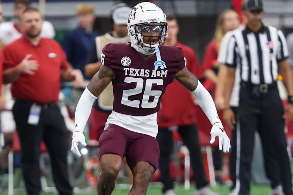 ARLINGTON, TX - SEPTEMBER 28: Texas A&M Aggies defensive back Will Lee III (26) reacts to a play during the  Southwest Classic game between Arkansas and Texas A&M on September 28. 2024 at AT&T Stadium in Arlington, TX. (Photo by George Walker/Icon Sportswire via Getty Images)