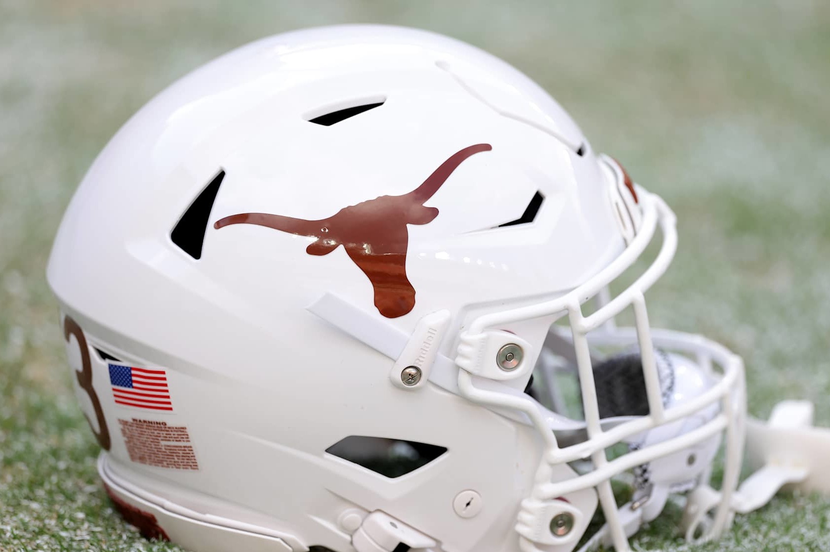 TUSCALOOSA, ALABAMA - SEPTEMBER 09: A close-up of a helmet of the Texas Longhorns on the field prior to a game against the Alabama Crimson Tide at Bryant-Denny Stadium on September 09, 2023 in Tuscaloosa, Alabama. (Photo by Kevin C. Cox/Getty Images)