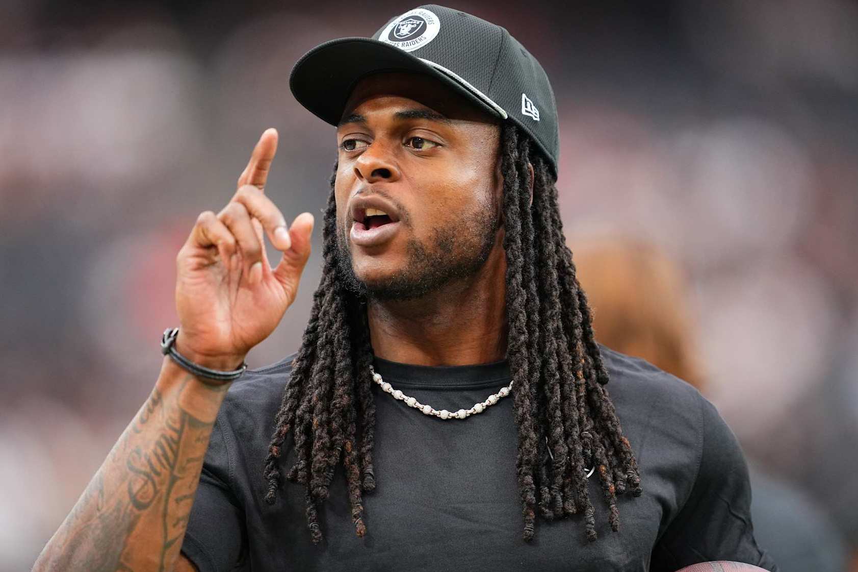 LAS VEGAS, NEVADA - SEPTEMBER 29: Wide receiver Davante Adams #17 of the Las Vegas Raiders walks the sidelines before the game against the Cleveland Browns at Allegiant Stadium on September 29, 2024 in Las Vegas, Nevada. The Raiders defeated the Browns 20-16.  (Photo by Jeff Bottari/Getty Images)