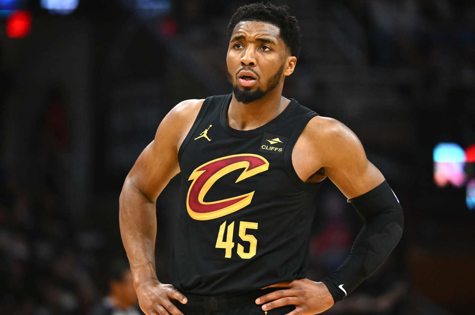 CLEVELAND, OHIO - MAY 05: Donovan Mitchell #45 of the Cleveland Cavaliers looks on in the second quarter against the Orlando Magic during the second quarter in Game Seven of the Eastern Conference First Round Playoffs at Rocket Mortgage Fieldhouse on May 05, 2024 in Cleveland, Ohio. NOTE TO USER: User expressly acknowledges and agrees that, by downloading and/or using this Photograph, user is consenting to the terms and conditions of the Getty Images License Agreement. (Photo by Jason Miller/Getty Images)