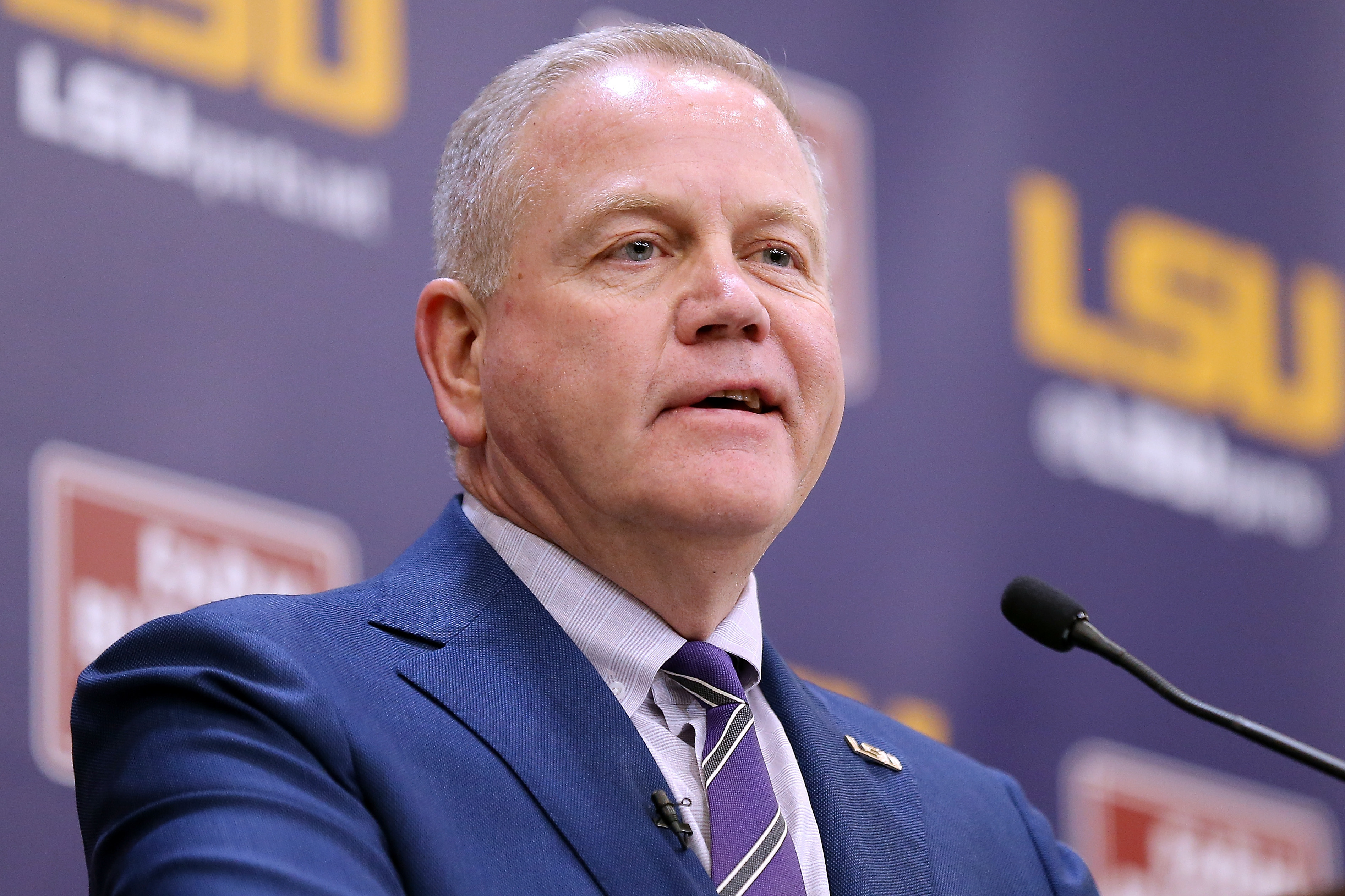 BATON ROUGE, LOUISIANA - DECEMBER 01: Brian Kelly speaks after being introduced as the head football coach of the LSU Tigers during a news conference at Tiger Stadium on December 01, 2021 in Baton Rouge, Louisiana. (Photo by Jonathan Bachman/Getty Images)