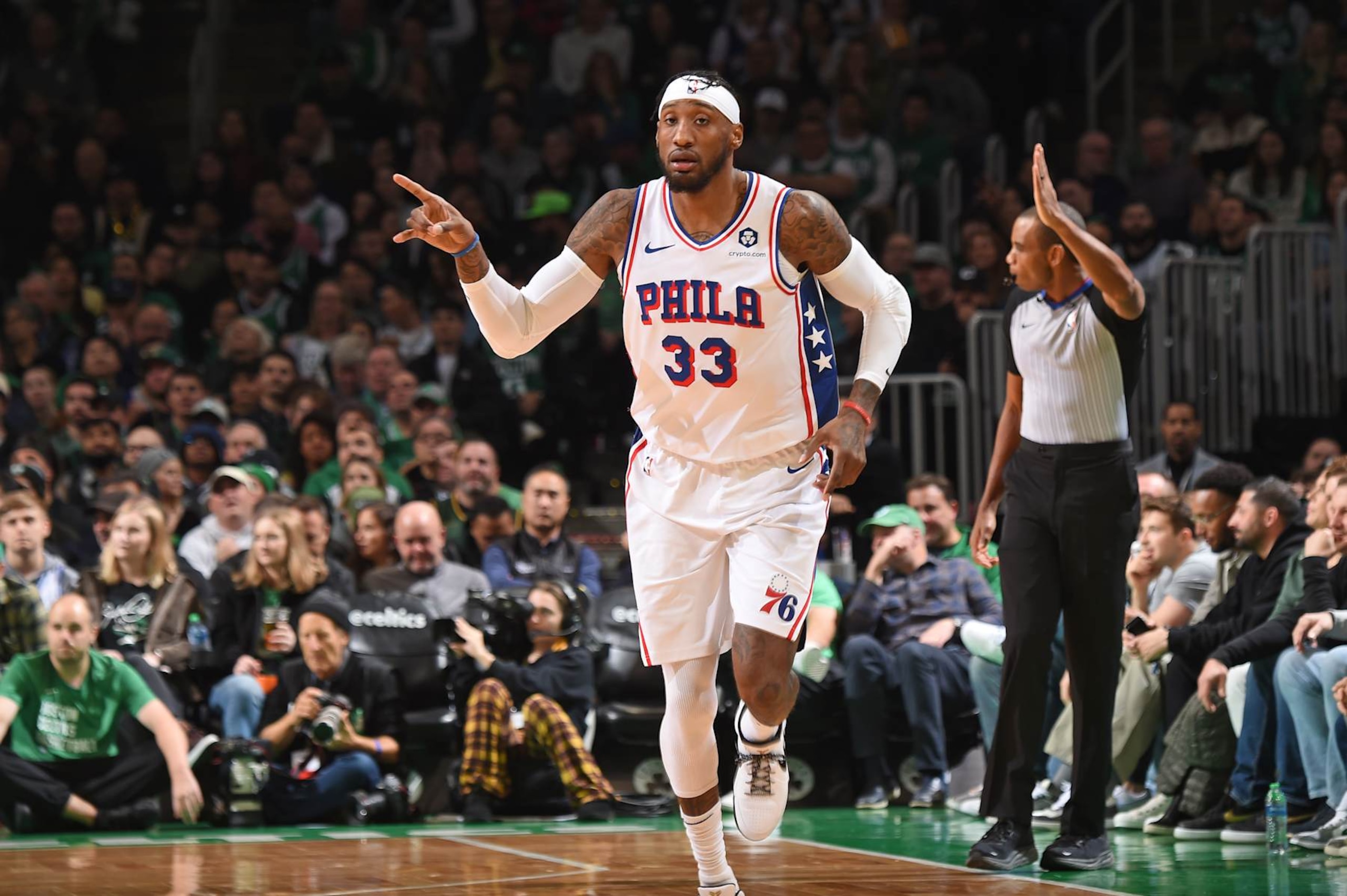 BOSTON, MA - DECEMBER 1: Robert Covington #33 of the Philadelphia 76ers celebrates during the game against the Boston Celtics on December 1, 2023 at the TD Garden in Boston, Massachusetts. NOTE TO USER: User expressly acknowledges and agrees that, by downloading and or using this photograph, User is consenting to the terms and conditions of the Getty Images License Agreement. Mandatory Copyright Notice: Copyright 2023 NBAE  (Photo by Brian Babineau/NBAE via Getty Images)