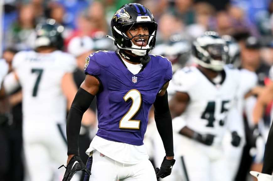 BALTIMORE, MARYLAND - AUGUST 09: Nate Wiggins #2 of the Baltimore Ravens celebrates a defensive stop in the first quarter against the Philadelphia Eagles in a preseason game at M&T Bank Stadium on August 09, 2024 in Baltimore, Maryland. (Photo by Greg Fiume/Getty Images)