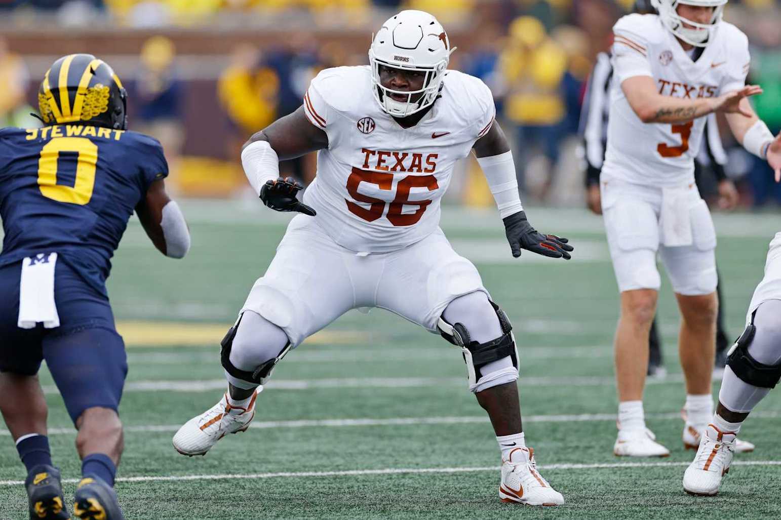 ANN ARBOR, MI - SEPTEMBER 07: Texas Longhorns offensive lineman Cameron Williams (56) blocks during a college football game against the Michigan Wolverines on September 07, 2024 at Michigan Stadium in Ann Arbor, Michigan. (Photo by Joe Robbins/Icon Sportswire via Getty Images)