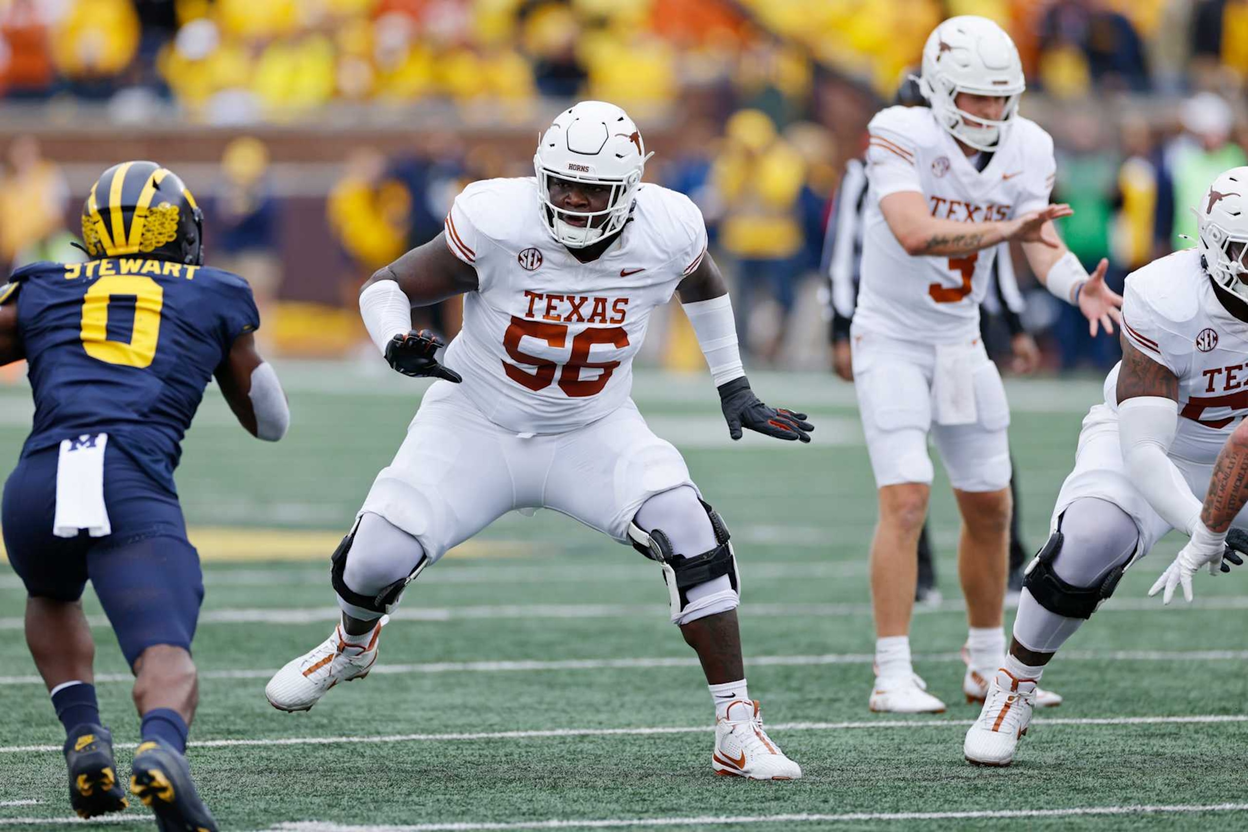 ANN ARBOR, MI - SEPTEMBER 07: Texas Longhorns offensive lineman Cameron Williams (56) blocks during a college football game against the Michigan Wolverines on September 07, 2024 at Michigan Stadium in Ann Arbor, Michigan. (Photo by Joe Robbins/Icon Sportswire via Getty Images)