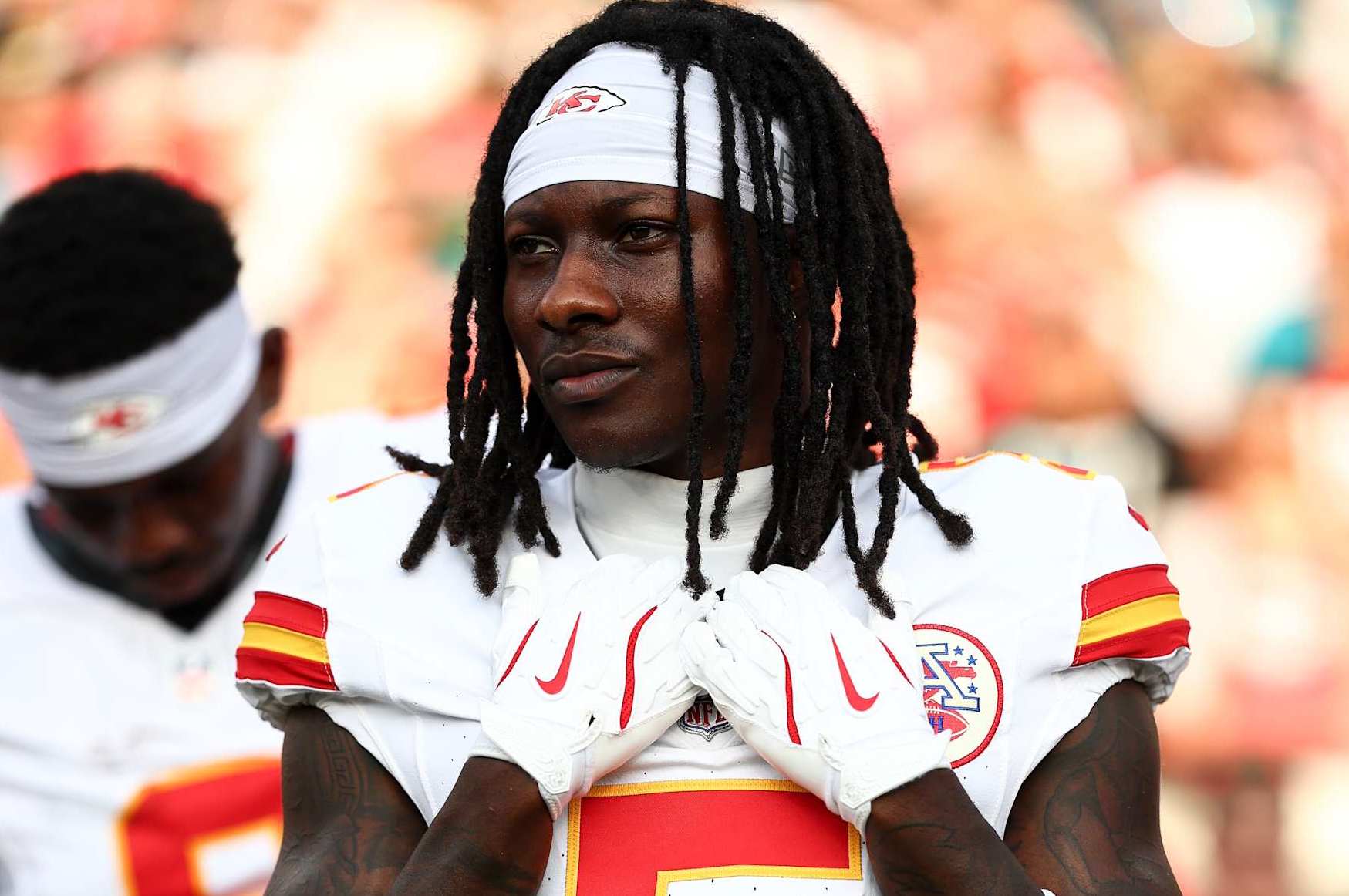 JACKSONVILLE, FL - AUGUST 10: Marquise Brown #5 of the Kansas City Chiefs stands on the sidelines prior to an NFL preseason football game against the Jacksonville Jaguars at EverBank Stadium on August 10, 2024 in Jacksonville, Florida. (Photo by Kevin Sabitus/Getty Images)