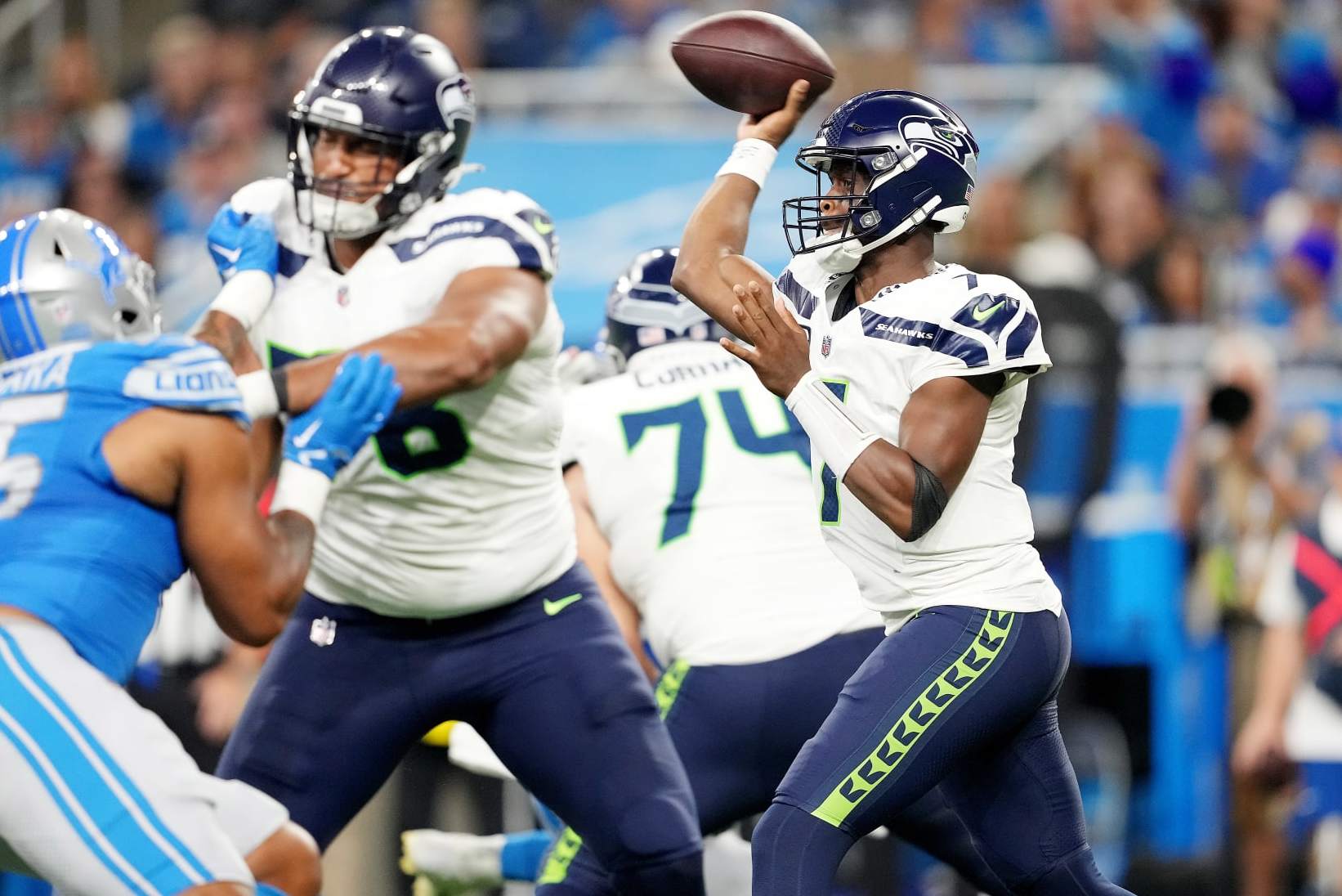 Seattle Seahawks offensive tackle Jake Curhan (74) during an NFL