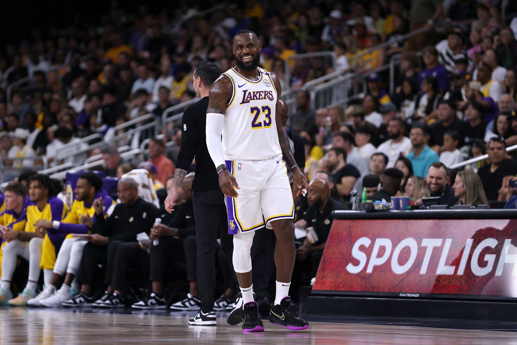 PALM SPRINGS, CALIFORNIA - OCTOBER 06: LeBron James #23 of the Los Angeles Lakers reacts to a play during the first quarter against the Phoenix Suns at Acrisure Arena on October 06, 2024 in Palm Springs, California. NOTE TO USER: User expressly acknowledges and agrees that, by downloading and/or using this photograph, user is consenting to the terms and conditions of the Getty Images License Agreement. (Photo by Katelyn Mulcahy/Getty Images)