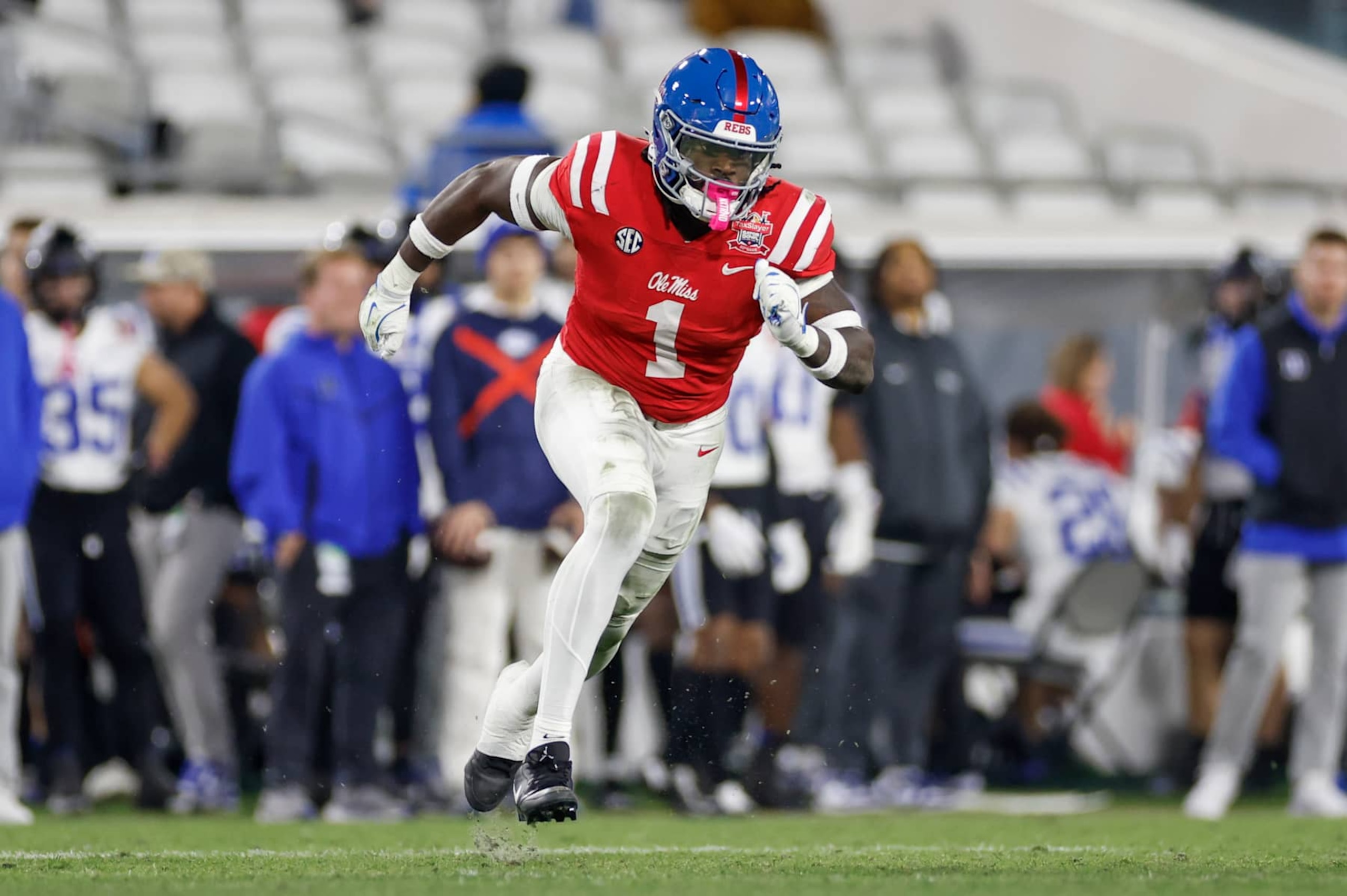 JACKSONVILLE, FL - JANUARY 02: Mississippi Rebels defensive end Princely Umanmielen (1) runs during the game between the Mississippi Rebels and the Duke Blue Devils on January 2, 2025 at EverBank Stadium in Jacksonville, Fl. (Photo by David Rosenblum/Icon Sportswire via Getty Images)