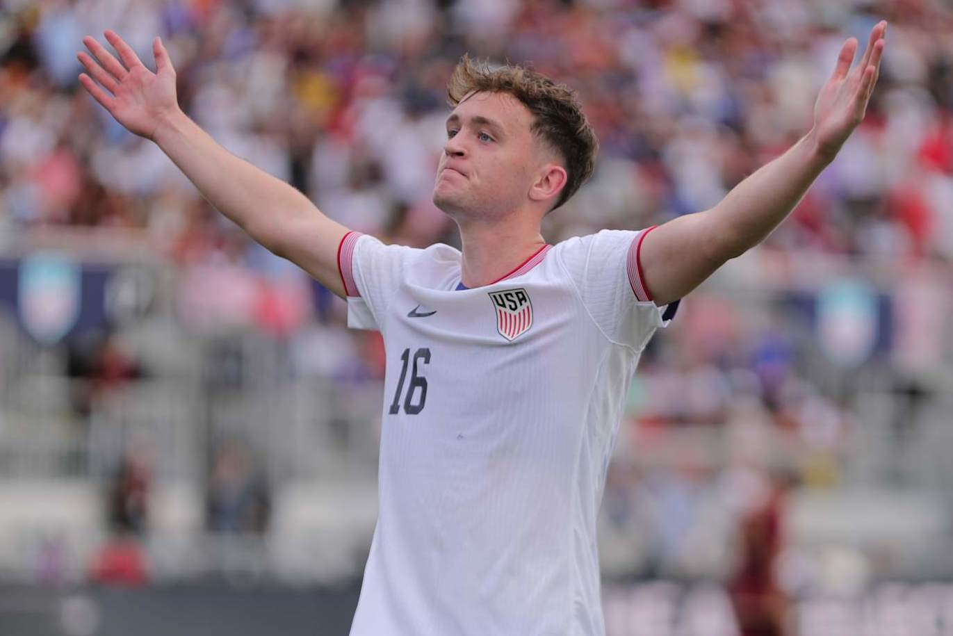 FORT LAUDERDALE, FLORIDA - JANUARY 18: Jack McGlynn #16 of United States celebrates after scoring his teammates first goal during first half an international friendly match between United States and Venezuela at Chase Stadium on January 18, 2025 in Fort Lauderdale, Florida. (Photo by Omar Vega/Getty Images)