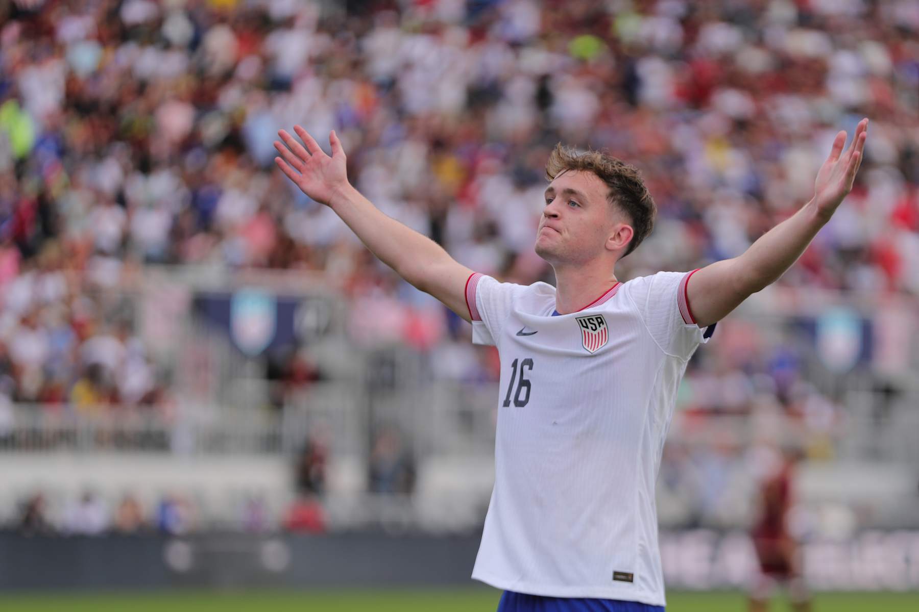 Soccer Soccer FORT LAUDERDALE, FLORIDA - JANUARY 18: Jack McGlynn #16 of United States celebrates after scoring his teammates first goal during first half an international friendly match between United States and Venezuela at Chase Stadium on January 18, 2025 in Fort Lauderdale, Florida. (Photo by Omar Vega/Getty Images)