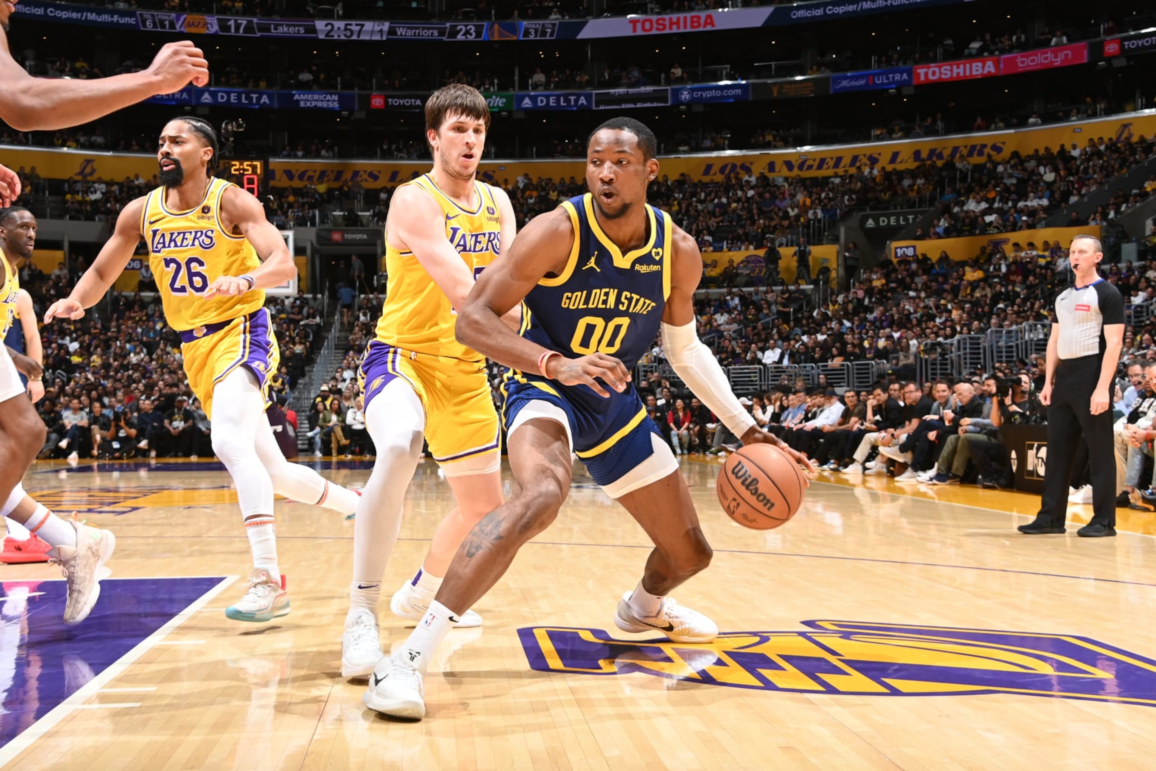 LOS ANGELES, CA - APRIL 9: Jonathan Kuminga #00 of the Golden State Warriors dribbles the ball during the game against the Los Angeles Lakers on April 9, 2024 at Crypto.Com Arena in Los Angeles, California. NOTE TO USER: User expressly acknowledges and agrees that, by downloading and/or using this Photograph, user is consenting to the terms and conditions of the Getty Images License Agreement. Mandatory Copyright Notice: Copyright 2024 NBAE (Photo by Andrew D. Bernstein/NBAE via Getty Images)