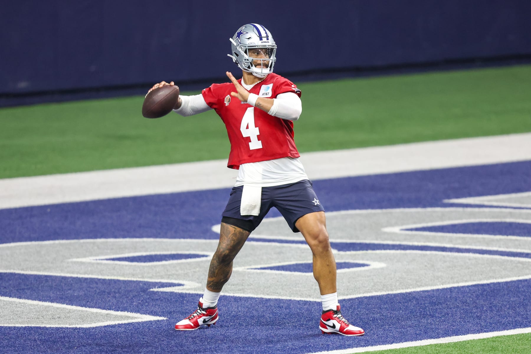 FRISCO, TX - MAY 22: Dallas Cowboys quarterback Dak Prescott (4) passes during the Dallas Cowboys OTAs on May 22, 2024 at The Star in Frisco, TX. (Photo by George Walker/Icon Sportswire via Getty Images)