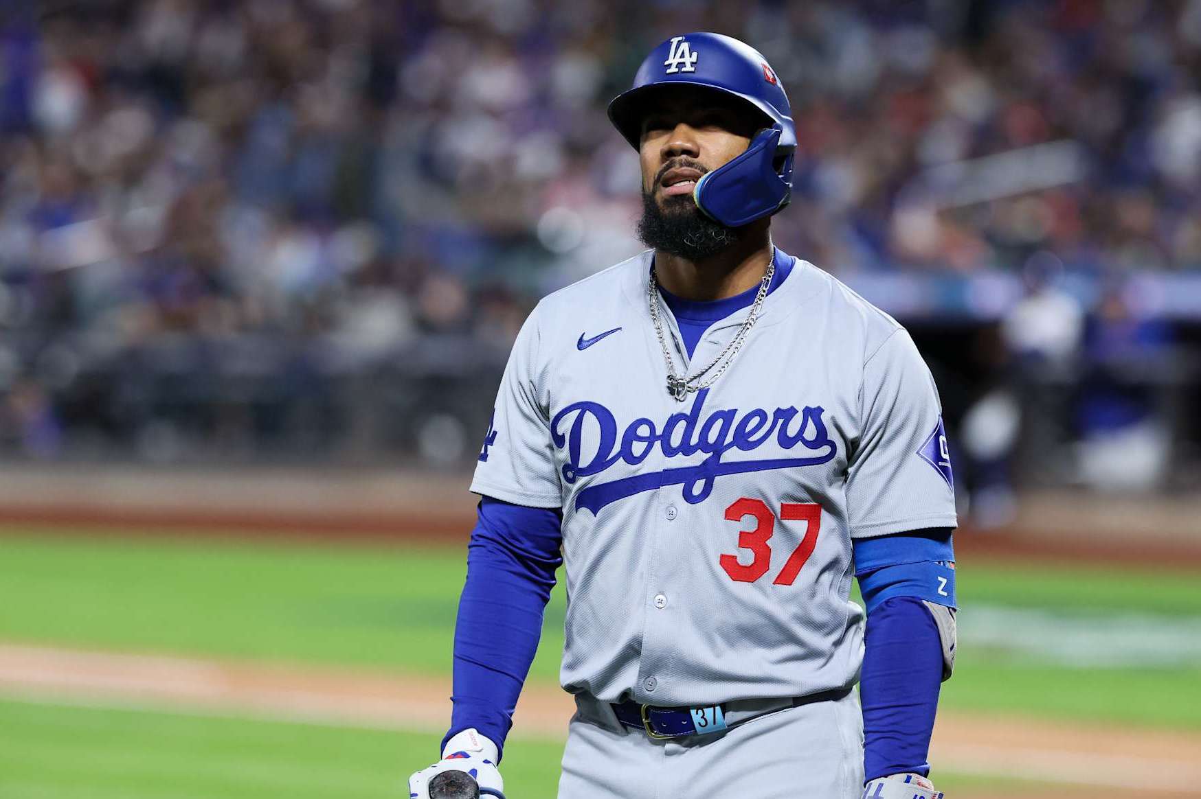 NEW YORK, NEW YORK - OCTOBER 18: Teoscar Hernández #37 of the Los Angeles Dodgers reacts while headed to the dugout after striking out during the sixth inning in game five of the National League Championship Series against the New York Mets at Citi Field on Friday, Oct. 18, 2024 in New York. (Robert Gauthier / Los Angeles Times via Getty Images)