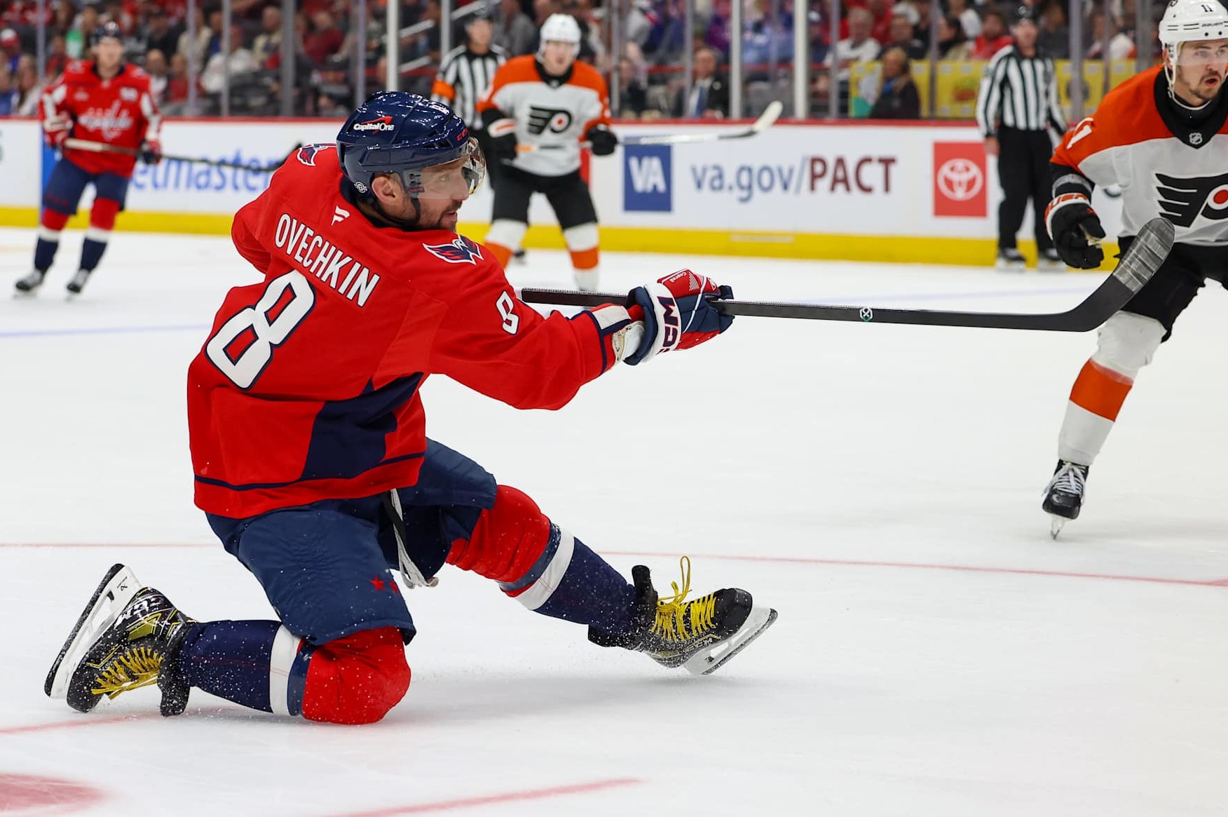 WASHINGTON, DC - OCTOBER 23: Alex Ovechkin #8 of the Washington Capitals takes a shot on goal during a game against the Philadelphia Flyers at Capital One Arena on October 23, 2024 in Washington, D.C. (Photo by John McCreary/NHLI via Getty Images)