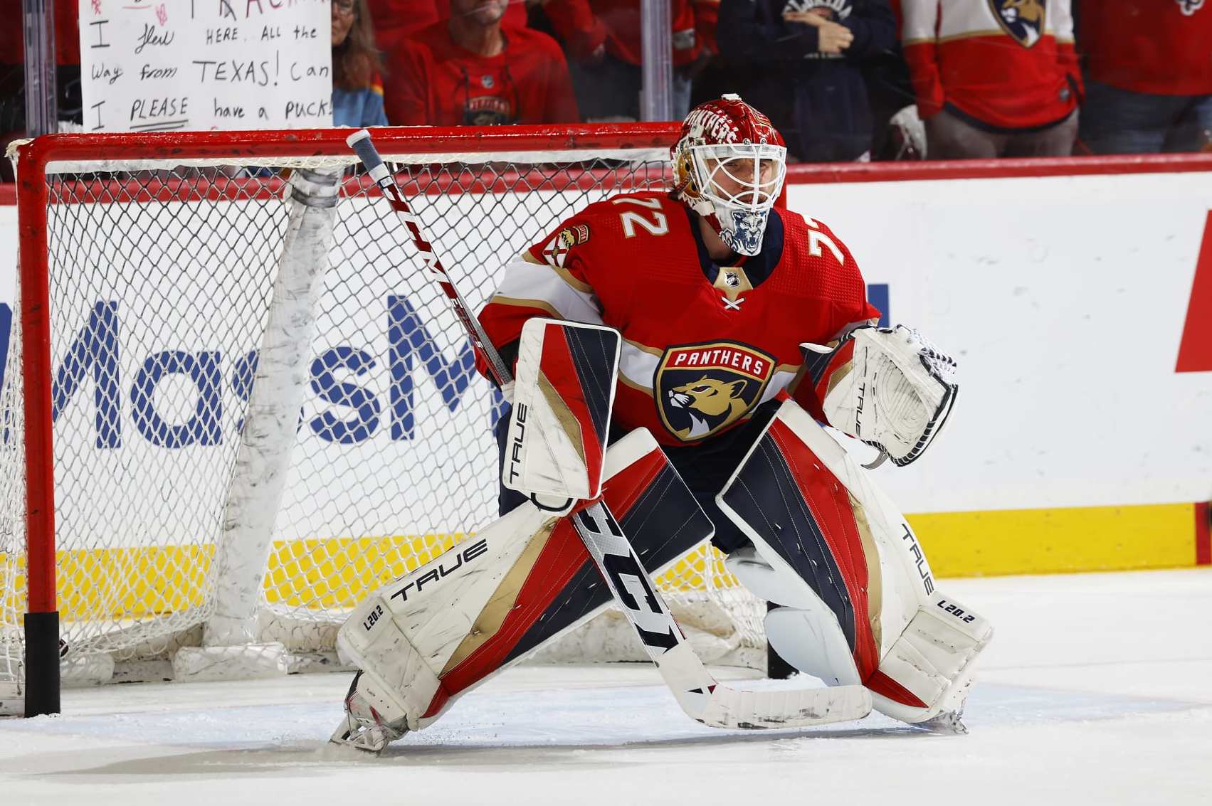 SUNRISE, FLORIDA - MAY 22: Goaltender Sergei Bobrovsky #72 of the Florida Panthers warms up in the net prior to the start of the game against the Carolina Hurricanes in Game Three of the Eastern Conference Final of the 2023 Stanley Cup Playoffs at the FLA Live Arena on May 22, 2023 in Sunrise, Florida. (Photo by Eliot J. Schechter/NHLI via Getty Images)