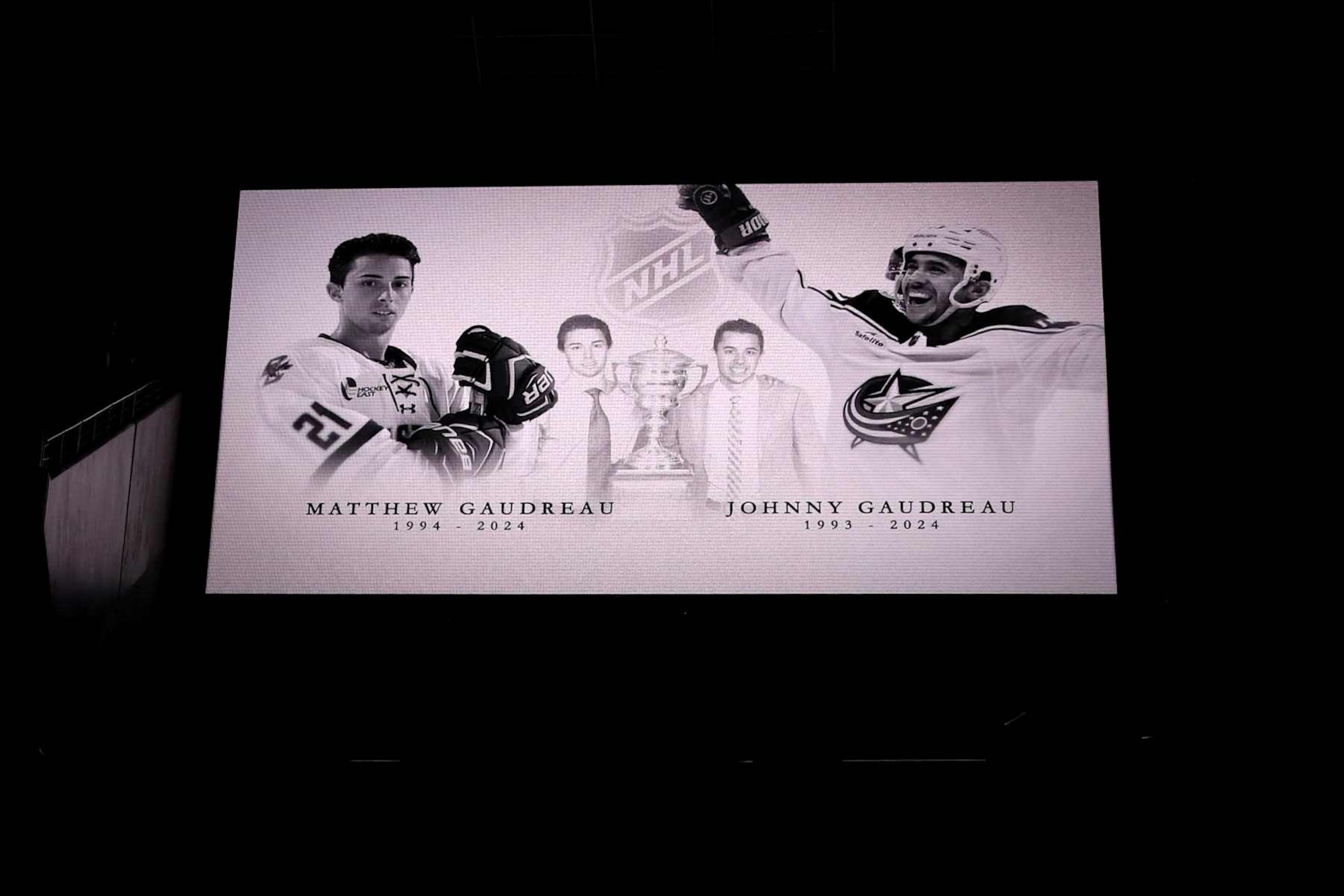 LAS VEGAS, NEVADA - SEPTEMBER 25: A tribute to Matthew and Johnny Gaudreau is seen prior to a game between the Vegas Golden Knights and the Los Angeles Kings at T-Mobile Arena on September 25, 2024 in Las Vegas, Nevada.  (Photo by Zak Krill/NHLI via Getty Images)