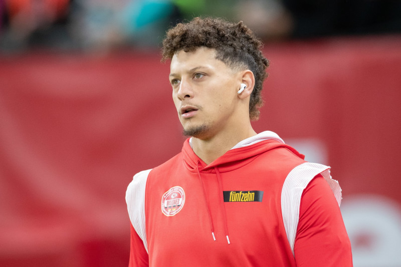 FRANKFURT AM MAIN, GERMANY - NOVEMBER 5: Patrick Mahomes of Kansas City Chiefs looks on prior to the NFL match between Miami Dolphins and Kansas City Chiefs at Deutsche Bank Park on November 5, 2023 in Frankfurt am Main, Germany. (Photo by Mario Hommes/DeFodi Images via Getty Images)
