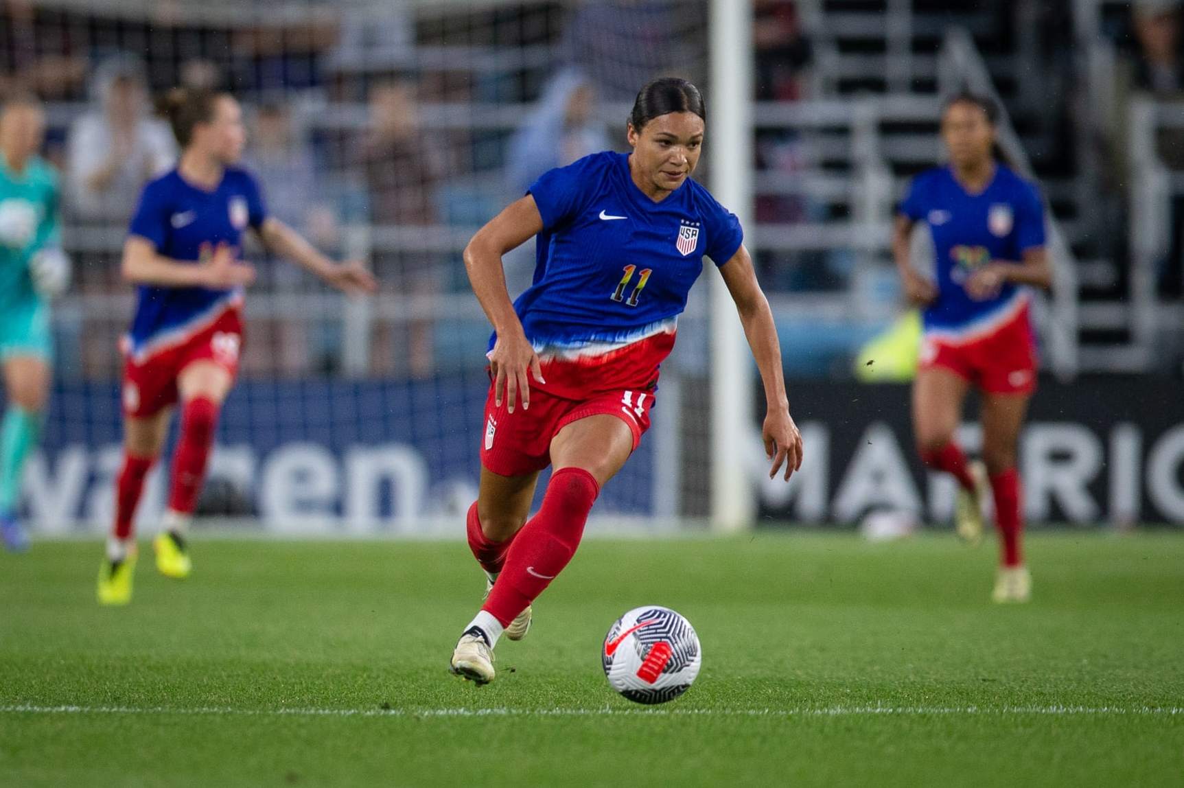 ST PAUL, MN - JUNE 4: Sophia Smith #11 of the United States dribbles the ball during an international friendly game between Korea Republic and USWNT at Allianz Field on June 4, 2024 in St Paul, Minnesota. (Photo by Erin Chang/ISI Photos/USSF/Getty Images for USSF)