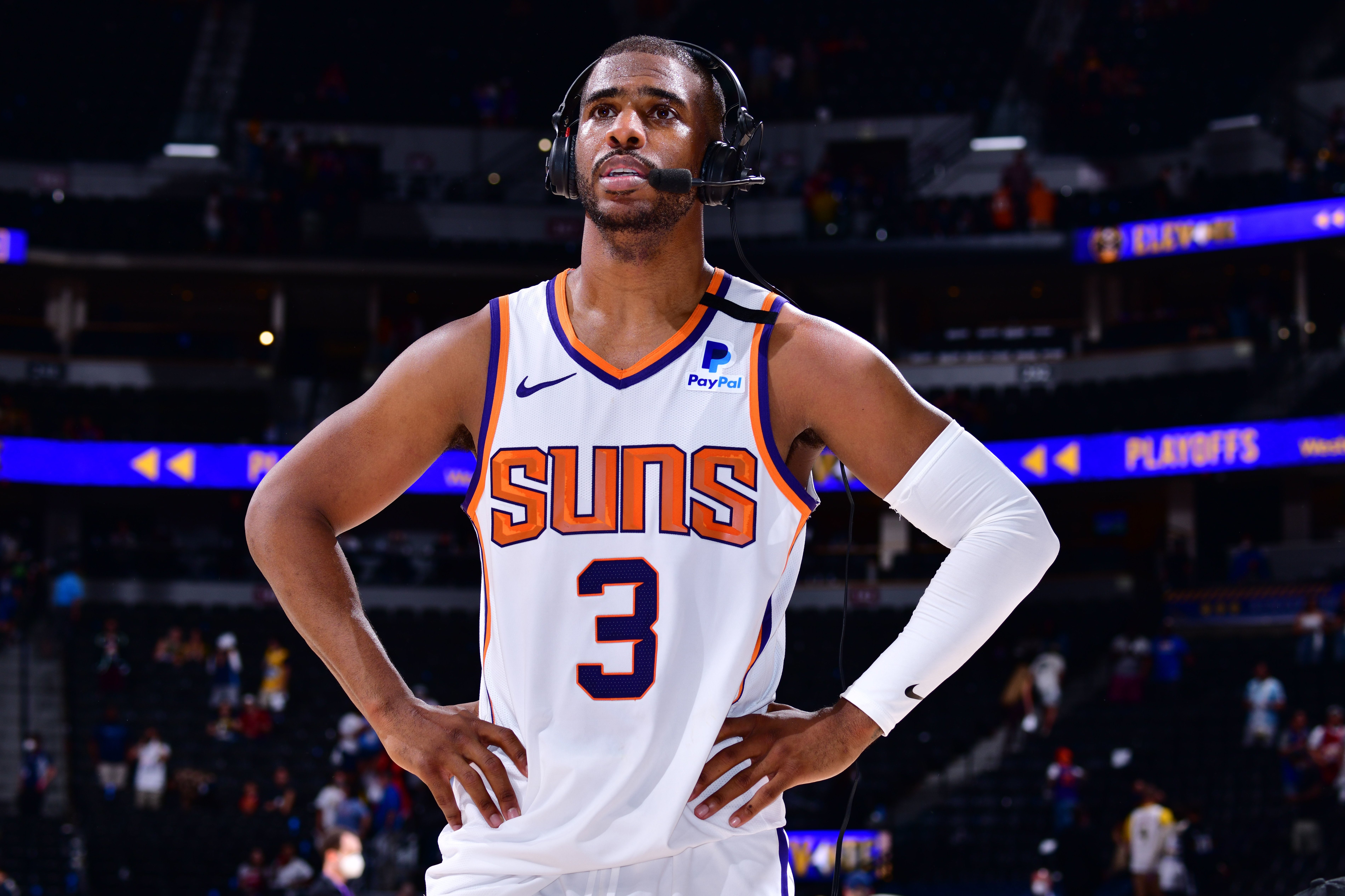 DENVER, CO - JUNE 13: Chris Paul #3 of the Phoenix Suns is interviewed after the game against the Denver Nuggets during Round 2, Game 4 of the 2021 NBA Playoffs on June 13, 2021 at the Ball Arena in Denver, Colorado. NOTE TO USER: User expressly acknowledges and agrees that, by downloading and/or using this Photograph, user is consenting to the terms and conditions of the Getty Images License Agreement. Mandatory Copyright Notice: Copyright 2021 NBAE (Photo by Barry Gossage/NBAE via Getty Images) DENVER, CO - JUNE 13: Chris Paul #3 of the Phoenix Suns is interviewed after the game against the Denver Nuggets during Round 2, Game 4 of the 2021 NBA Playoffs on June 13, 2021 at the Ball Arena in Denver, Colorado. NOTE TO USER: User expressly acknowledges and agrees that, by downloading and/or using this Photograph, user is consenting to the terms and conditions of the Getty Images License Agreement. Mandatory Copyright Notice: Copyright 2021 NBAE (Photo by Barry Gossage/NBAE via Getty Images)